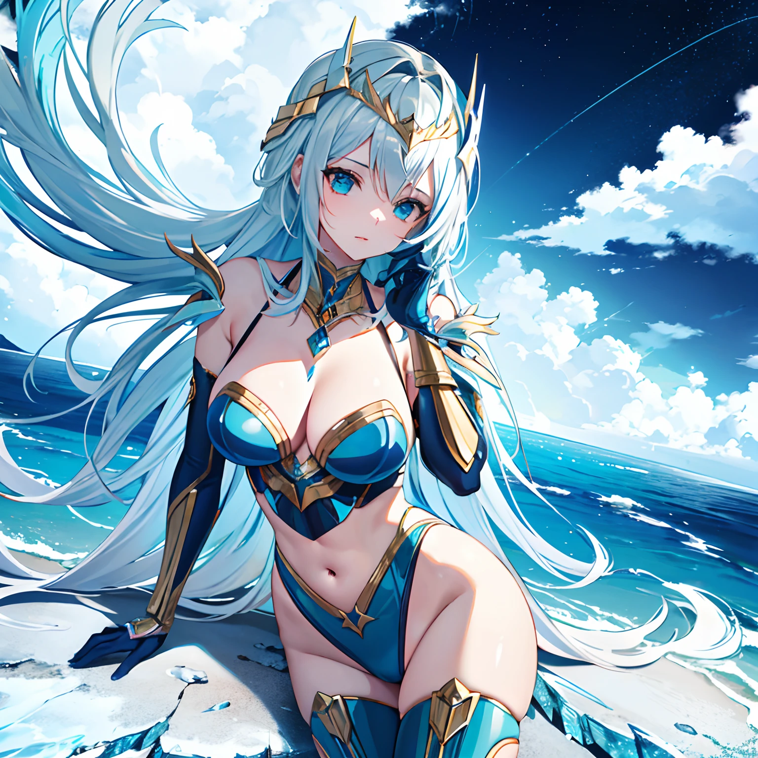 Uma mulher vestindo uma armadura detalhada 3D, with realistic metallic blue and gold colors, Looking Up Cinematic, Icy and paradisiacal scenery.