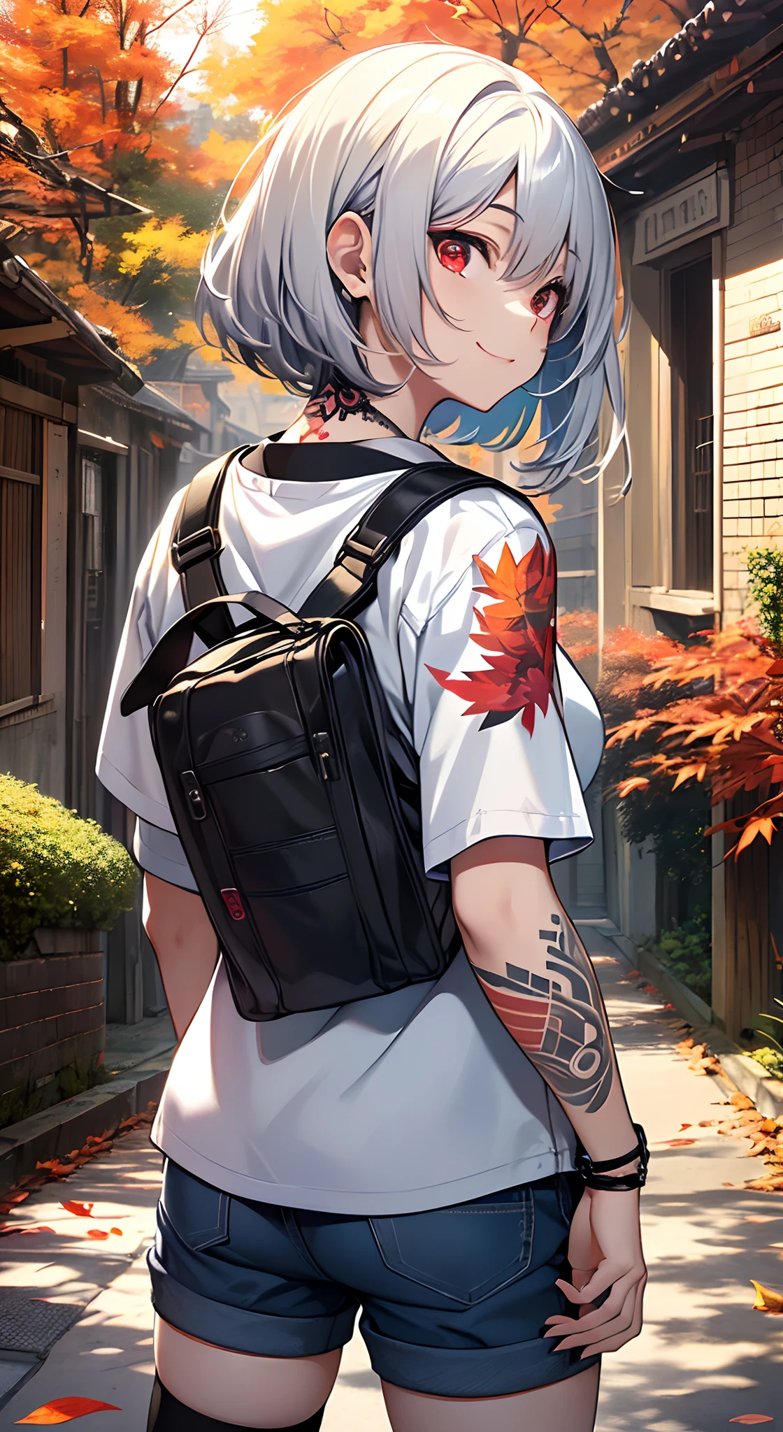 top-quality、Top image quality、in 8K,4K,​masterpiece、、ultra-detailliert、Beautiful、ultra-quality、adult-like、Cool、girl with(((18year old、The shirt:1.2、shortpants:1.4、thigh-high socks:1.1、Normal milk、silber hair、a short bob、Red Eyes、erotick:1.1、Happiness、The tattoo)))、hiquality、Looking back and looking here:1.4、visualart、Background with((Colored leaves:1.2))、masutepiece