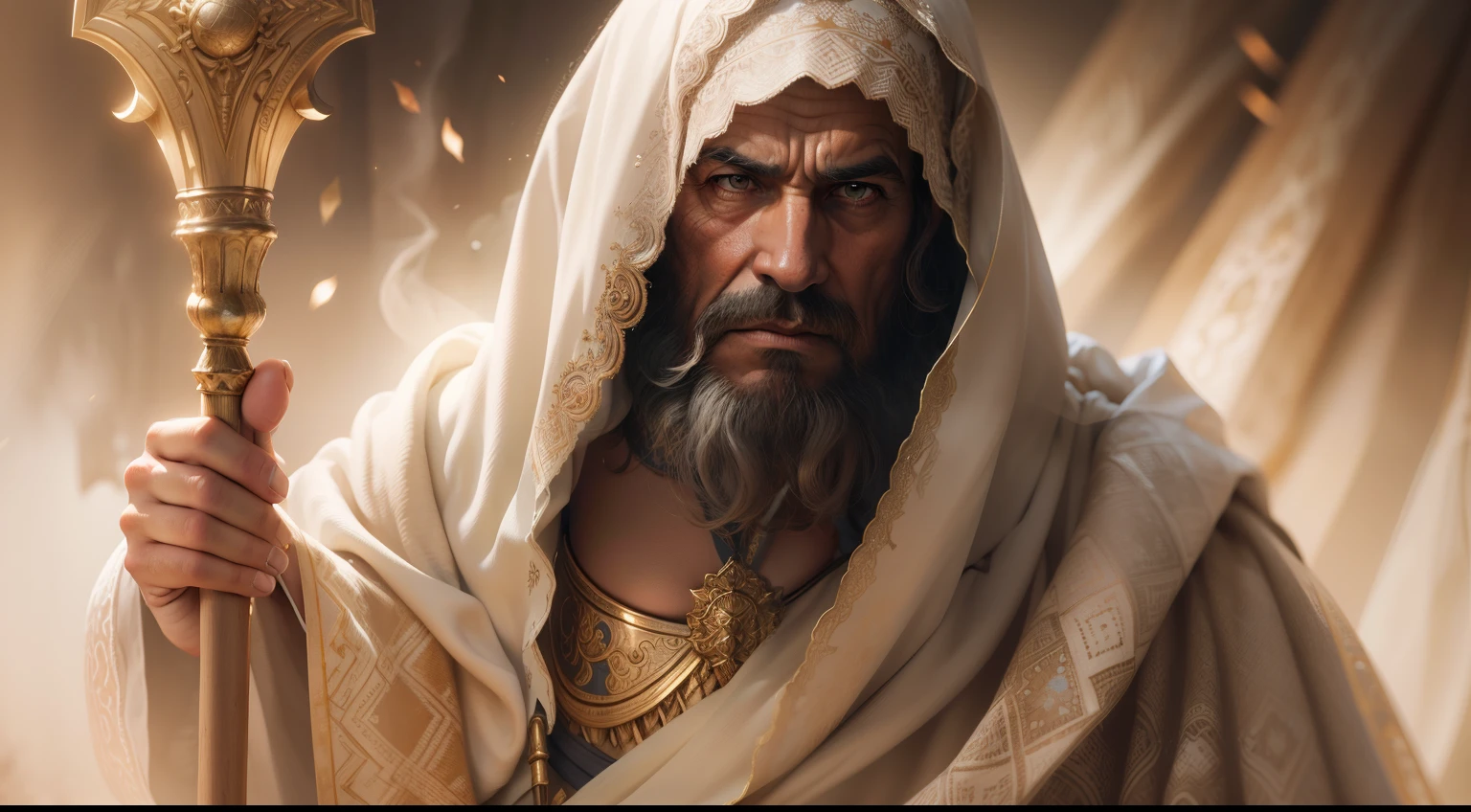 Foto realista, obra-prima, melhor qualidade, artistic composition, in an ancient biblical prophet holding a staff in his hand, explaining something facial expression of intense concentration., roupas altamente detalhadas, texturas de roupas realistas, detalhes abundantes, intrincate details, textura da pele, Pontos, rugas, rugas de roupas, floating dust particles, brilho, brilhante, misterioso, 4k, UHD, da mais alta qualidade