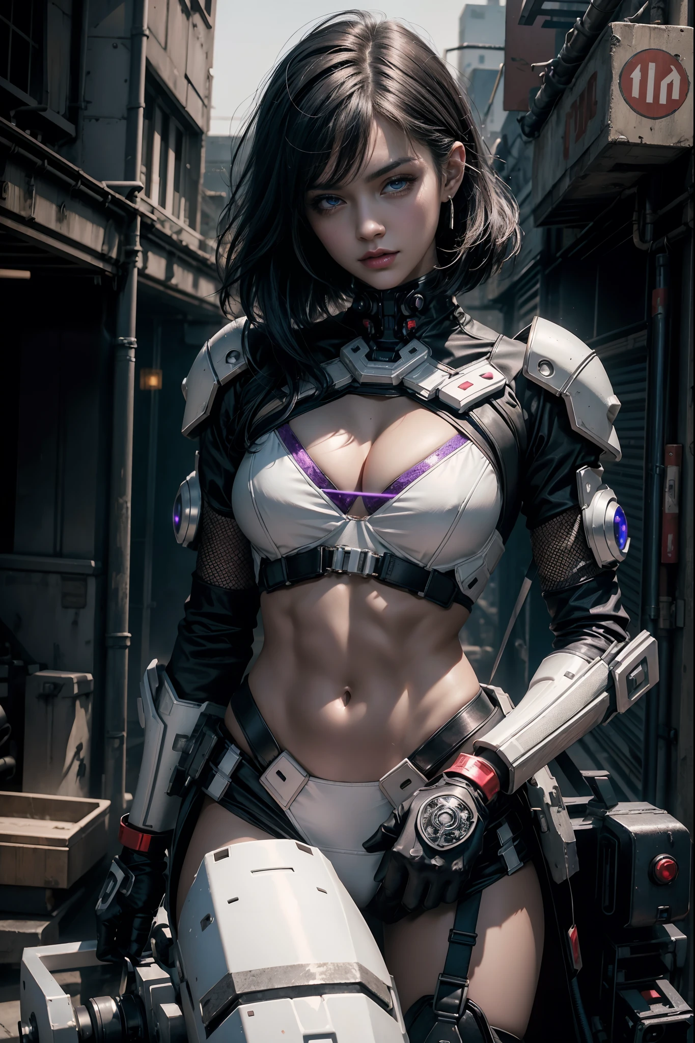 Gorgeous mech warrior woman, small white battle suit with purple and red LED lights, show stomach, short black hair shaved on one side, high-tech, assassin, show a lot of skin, oily skin, show abs, cyberpunk city background, futuristic, detailed and intricate, cleavage, sexy masterpiece, best quality, highest quality, high definition, highly detailed, 8K, athletic and fit body, naughty, perfect hands, detailed hands, perfect eyes, detailed eyes, flirty, sexy, realistic, HDR, UHD, dynamic, cleavage