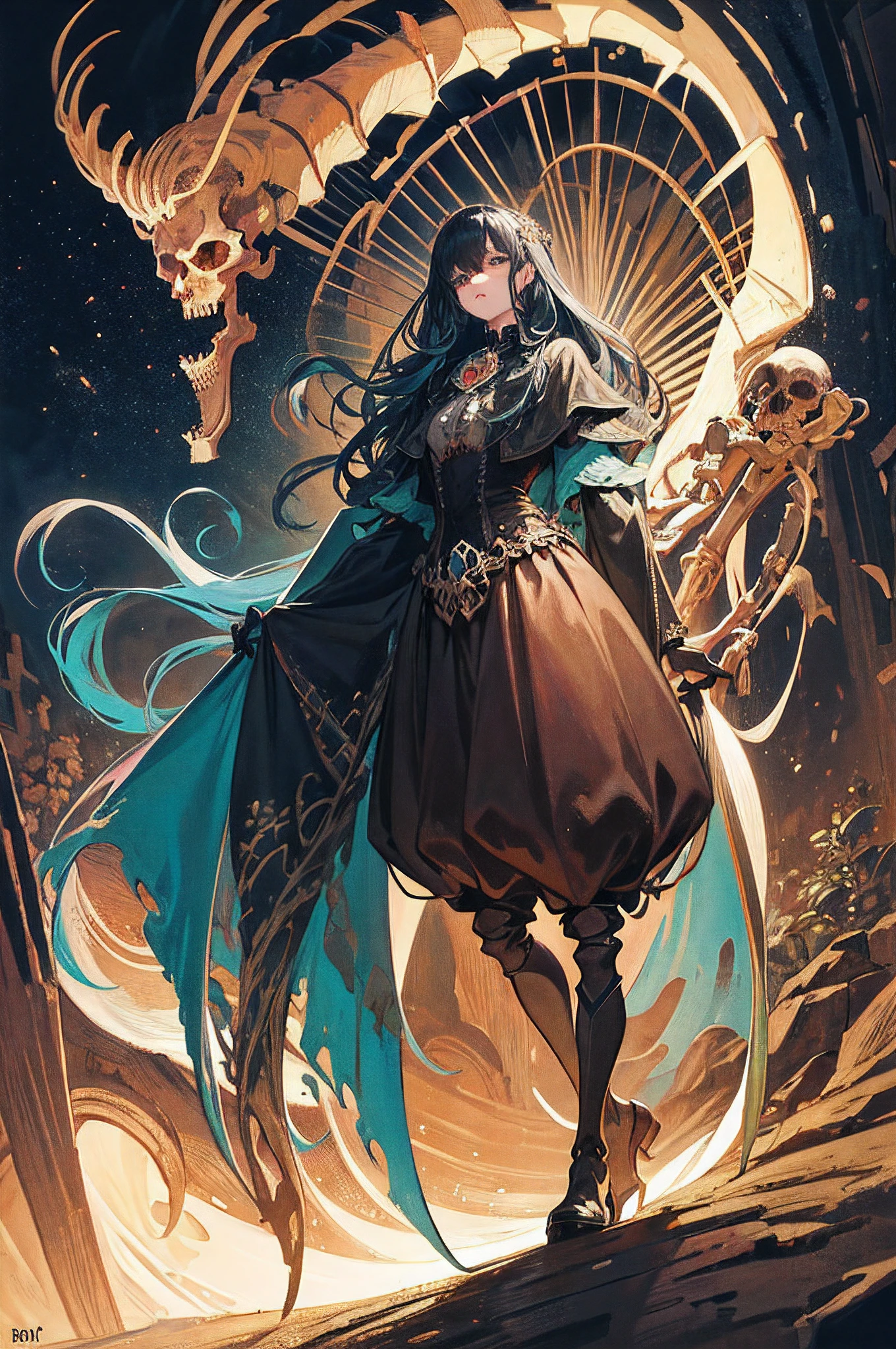 a skeleton and numerous skulls, Scary detailed art in color, Epic color illustration, Roi squelette mort-vivant, Roi squelette, in the style of fantasy art, Un liche magic , mort-vivant, detailed illustration; tient une faucheuse, magic world, new art