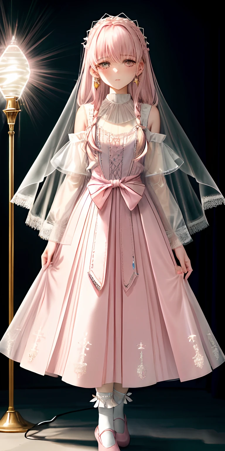 A 17 years old girl, super Long, flowing black hair.
• Gentle facial features with a hint of mystery and confusion in her eyes.
Wearing a (light pink:1.3) and pale white dress, which incorporates subtle gold or silver details.
The dress combines elements of both a pleated skirt and a flat skirt: the center portion of the dress is flat, while the sides have gentle pleats.
She has ((light pink:1.3) Mary Jane shoes) paired with (white lace-trimmed socks)).
Slightly tightened puff sleeves that reflect her calm and reserved nature.
A simple belt around her waist, holding a few small magical tools.
(A translucent, gauzy shawl:1.3)
Simple star-shaped earrings.
Her medieval dress is embroidered with magical symbols or runes.
• Despite her strong magical powers, her overall appearance exudes a sense of understated elegance and gentleness.