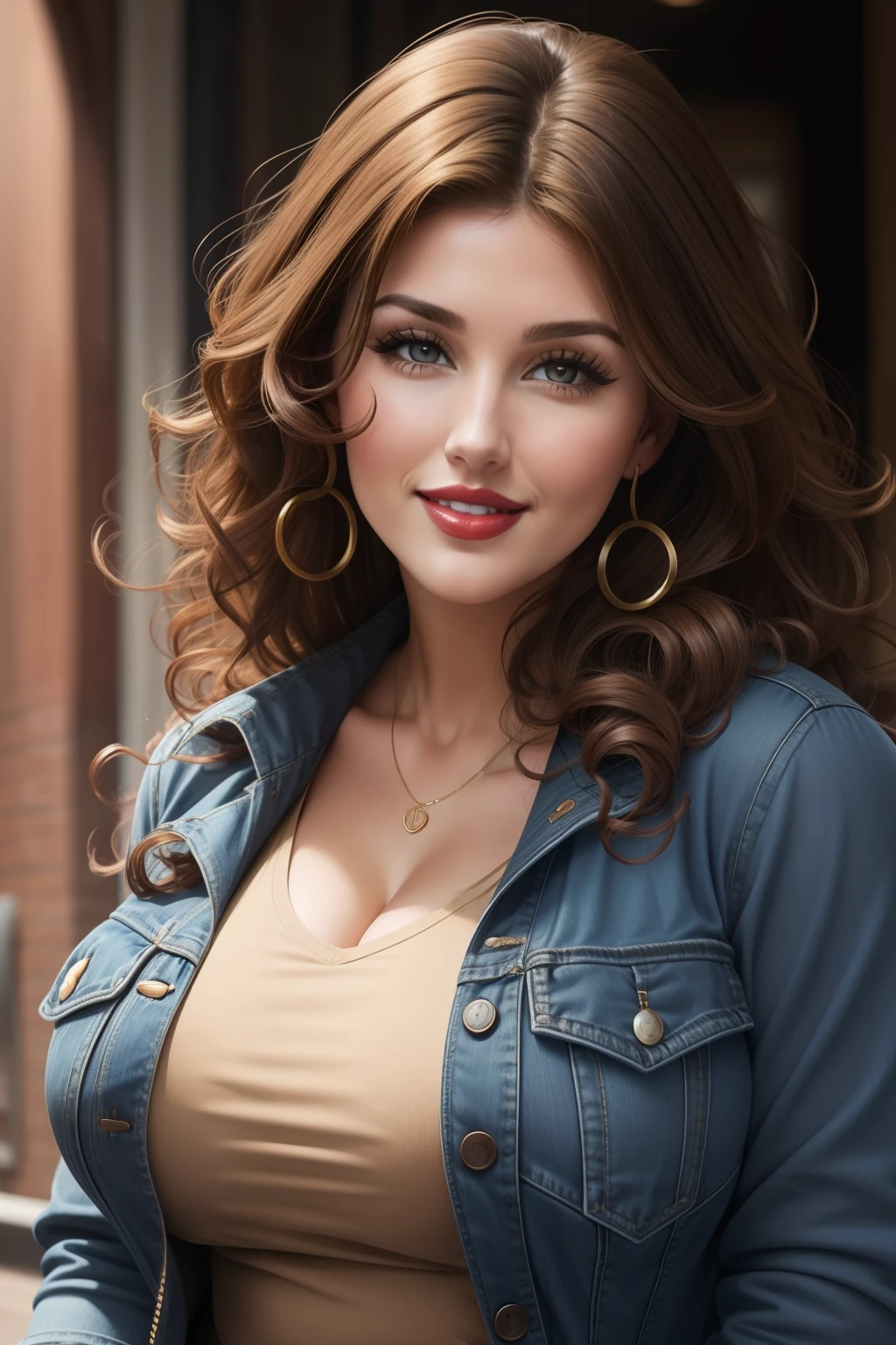 lucy pinder, face portrait, smiling, curly hair, brown hair, black long sleeve t-shirt, jean vest, red lipstick, chubby woman