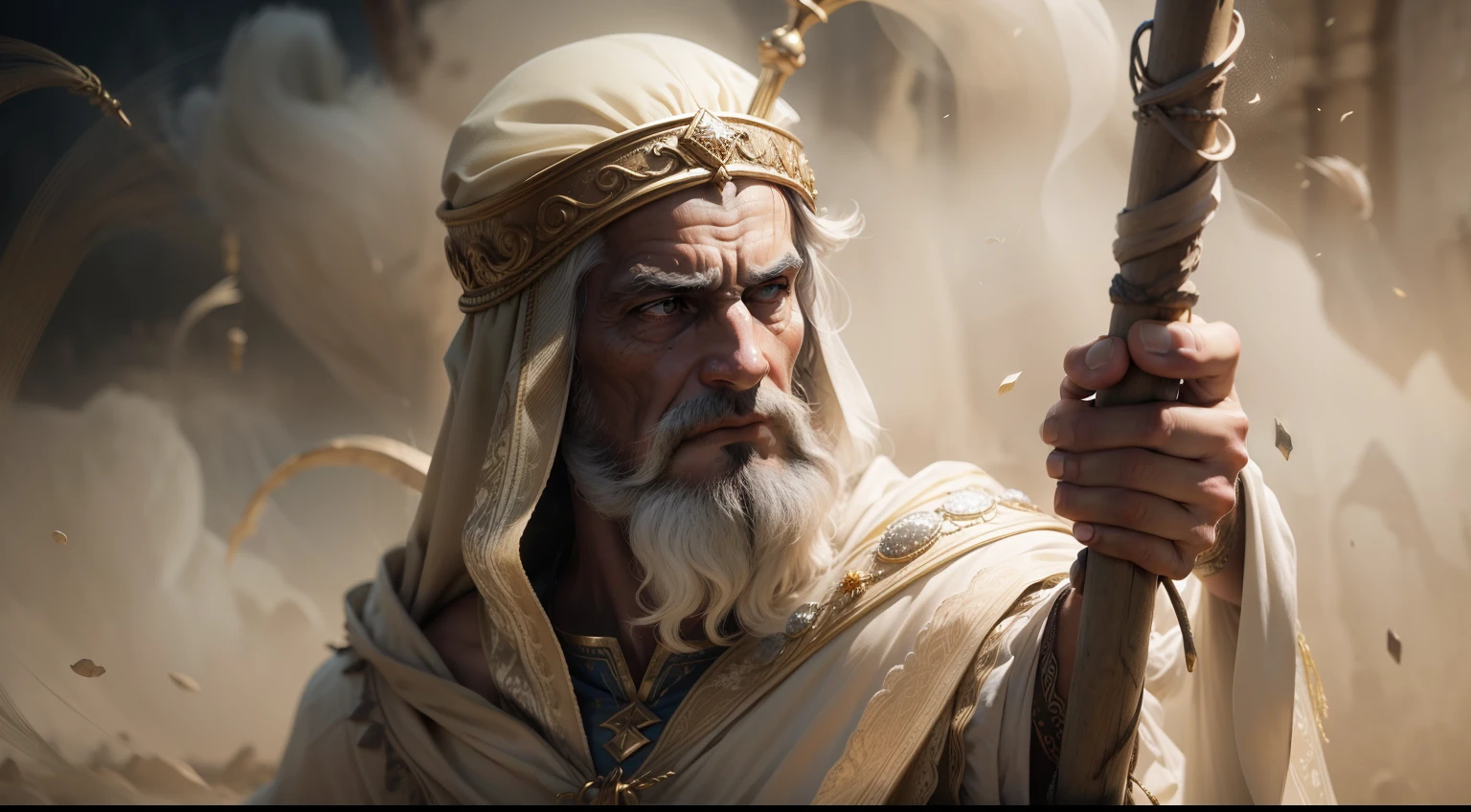 Foto realista, obra-prima, melhor qualidade, artistic composition, in an ancient biblical prophet holding a staff in his hand, explaining something facial expression of intense concentration., roupas altamente detalhadas, texturas de roupas realistas, detalhes abundantes, intrincate details, textura da pele, Pontos, rugas, rugas de roupas, floating dust particles, brilho, brilhante, misterioso, 4k, UHD, da mais alta qualidade
