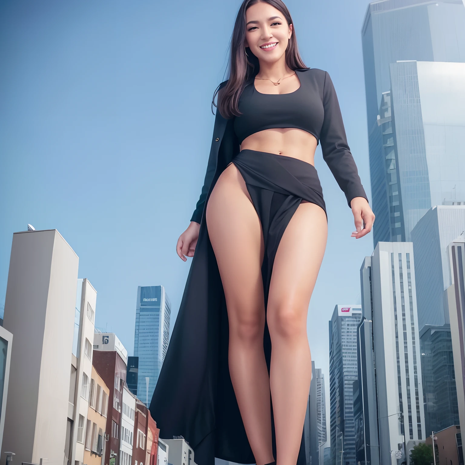 alexandriaocasiocortez woman, giantess, towering over city, 500 meters tall, midriff exposed, laughing, abs, wearing suit
