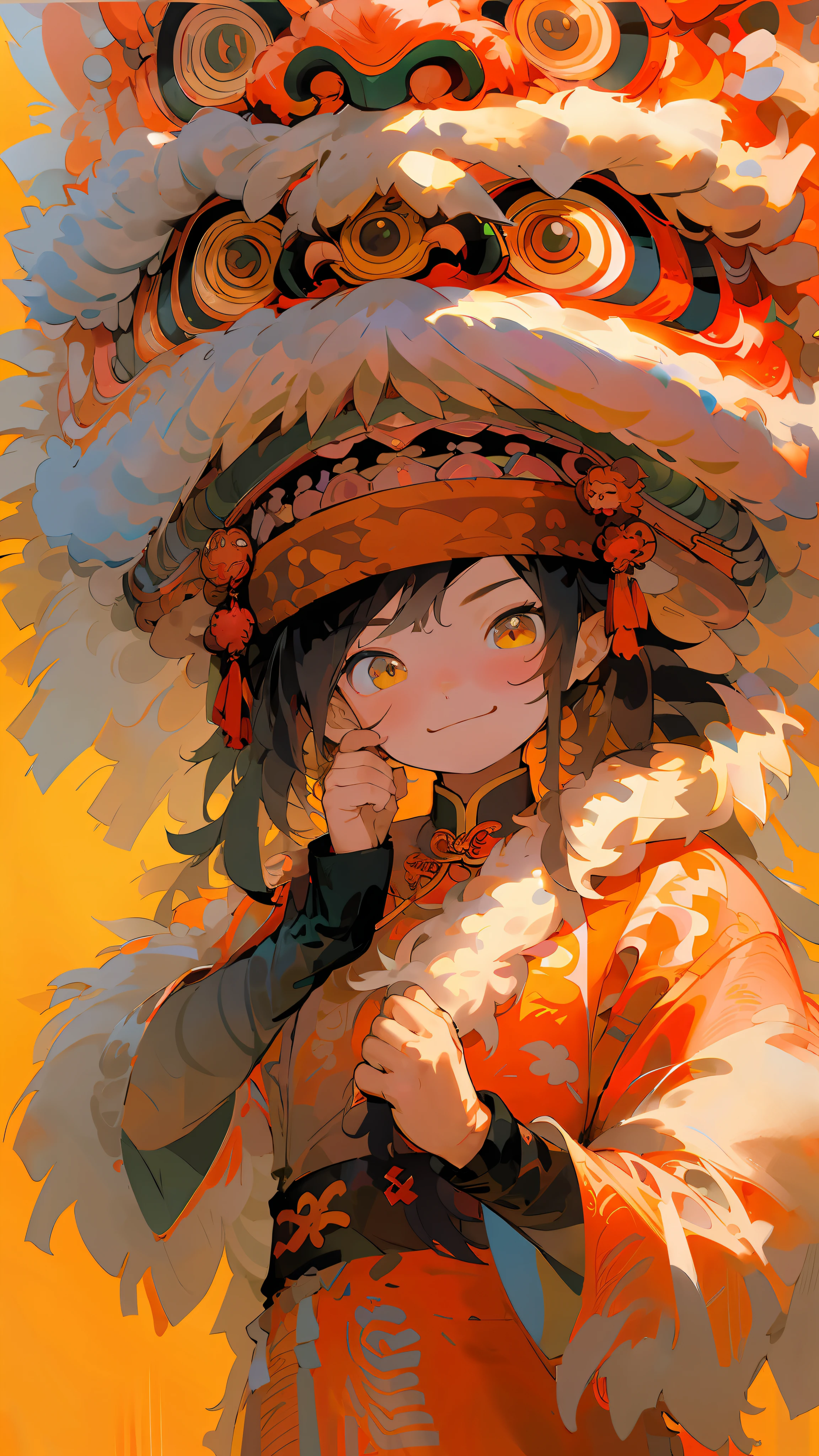 A boy::1 wearing a lion's head::3, a huge lion's head with a serious expression, red lantern, Chinese year, indoor, Chinese clothes, Chinese style, red, lion dance