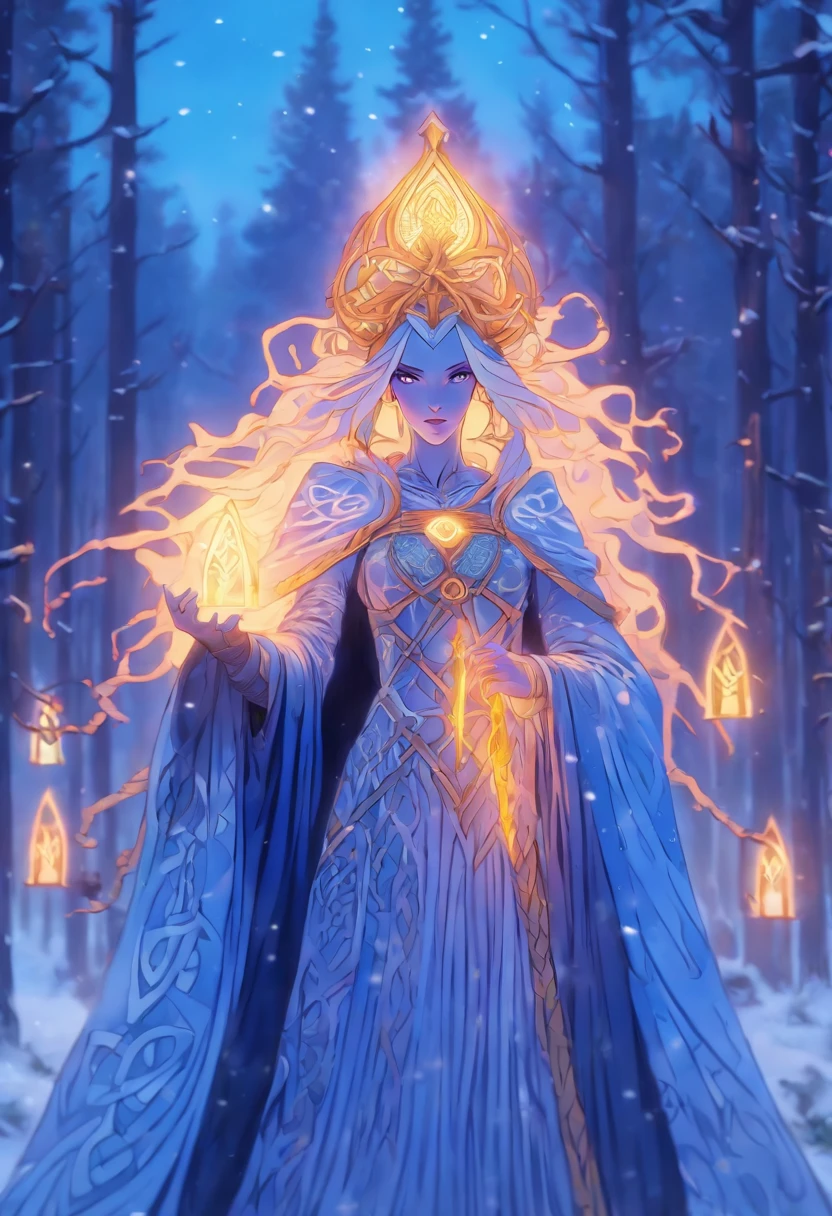 (((CAILLEACH))) best quality, ultra-high resolution, 4K detailed CG, master piece,Celtic goddess,cold,Winter goddess ,Celtic clothing,Celtic mythology, ((Goddness Cold)) , Celtic image, aesthetic, centered on screen