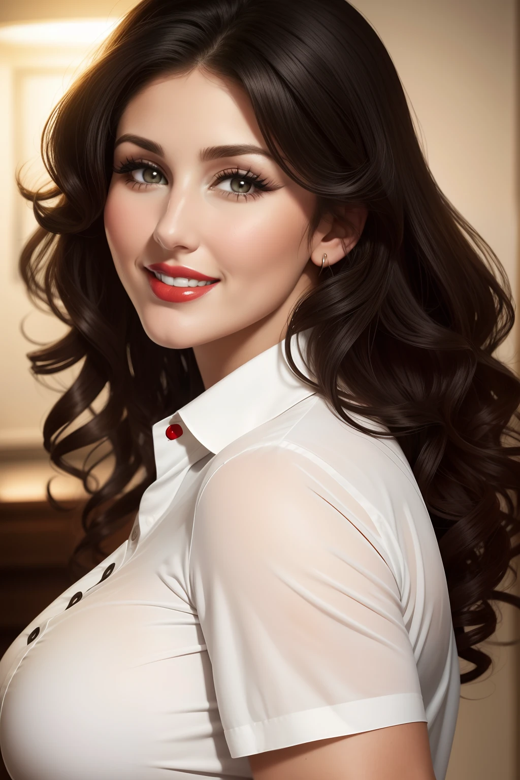 Lucy Pinder, Face portrait, smiling, curly hair, black hair, white blouse, short sleeve blouse, red lipstick, Chubby Woman