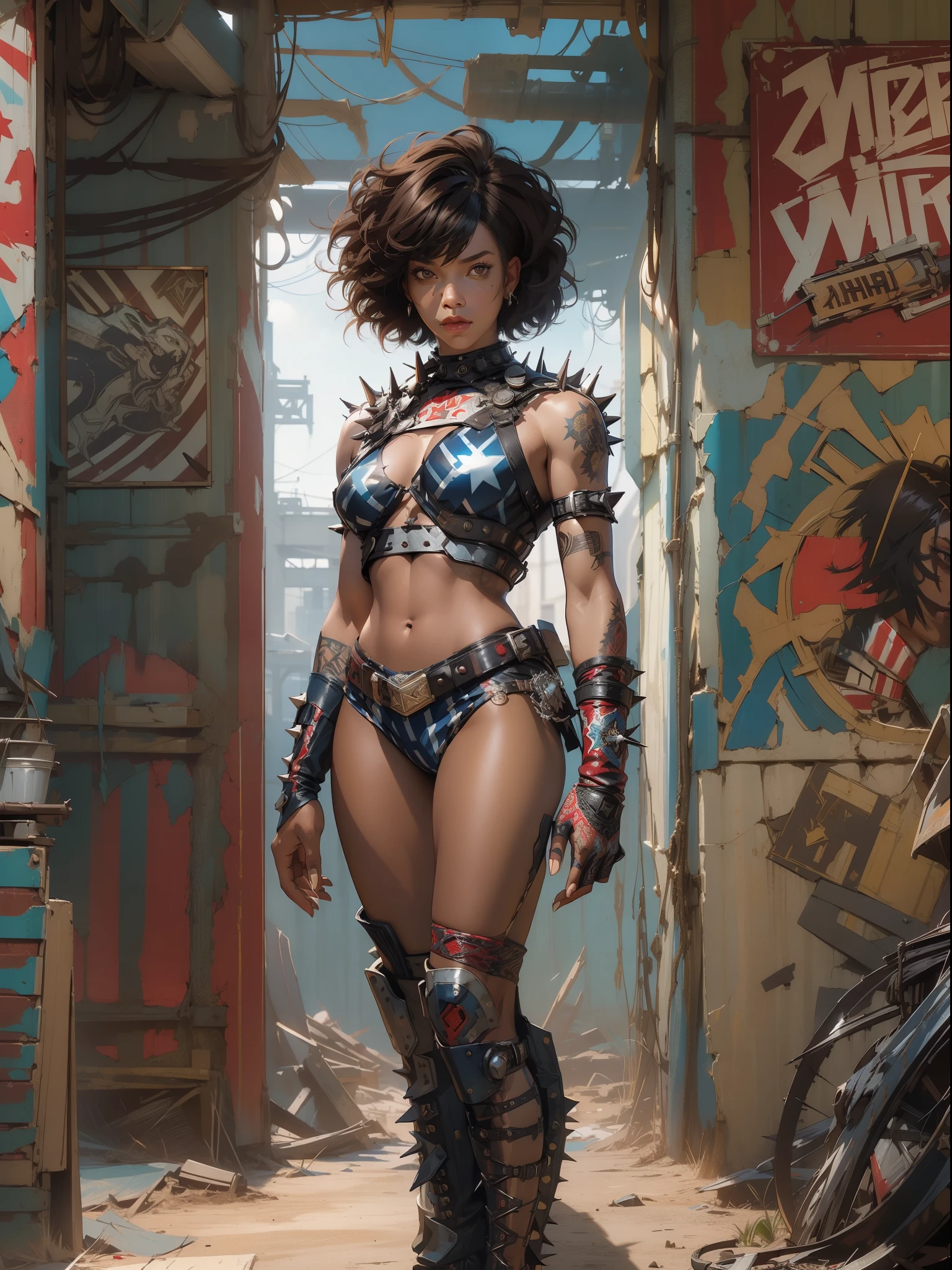 (((woman))), (((best quality))), (((masterpiece))), (((adult))), (((1girl))), (((bob haircut) )), A 25 year old female African-American cyberpunk gladiator with perfect body, shoulder pads with metal spines, Brooklyn Gladiators, ((natural hair)), tiny leather panties, torn rugby team t-shirt, almost naked in wild urban style by Simon Bisley for the cover of Heavy Metal magazine, black-brown hair, Minimum clothing, Metal protection on the left arm with intricate graphics, Dark red with white stars and blue and white striped pattern, armor, full of spikes and rivets, tattoo of snake (((from the knee up))), in the background a wall painted by Shepard Fairey with an intricate design