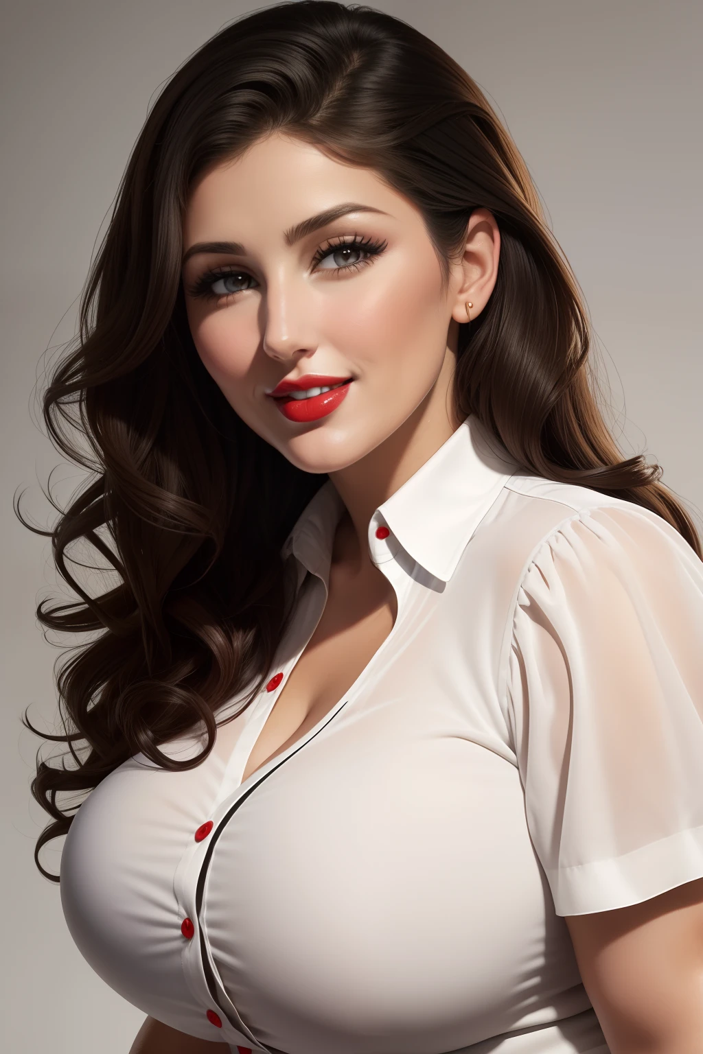 Lucy Pinder, Face portrait, smiling, curly hair, black hair, white blouse, short sleeve blouse, red lipstick, Chubby Woman