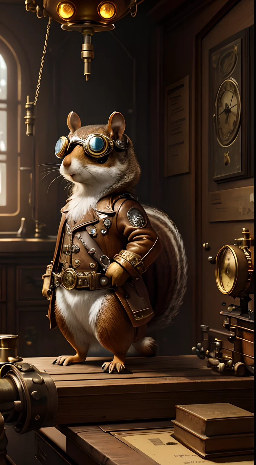 (masterpiece), a cute squirrel with goggles on a experiment room, steam punk style, golden details, leather clothes, cg render, animal, 4k,, asthetic, cute, artistic, creative, intricate room,gears, experiment, genius, science