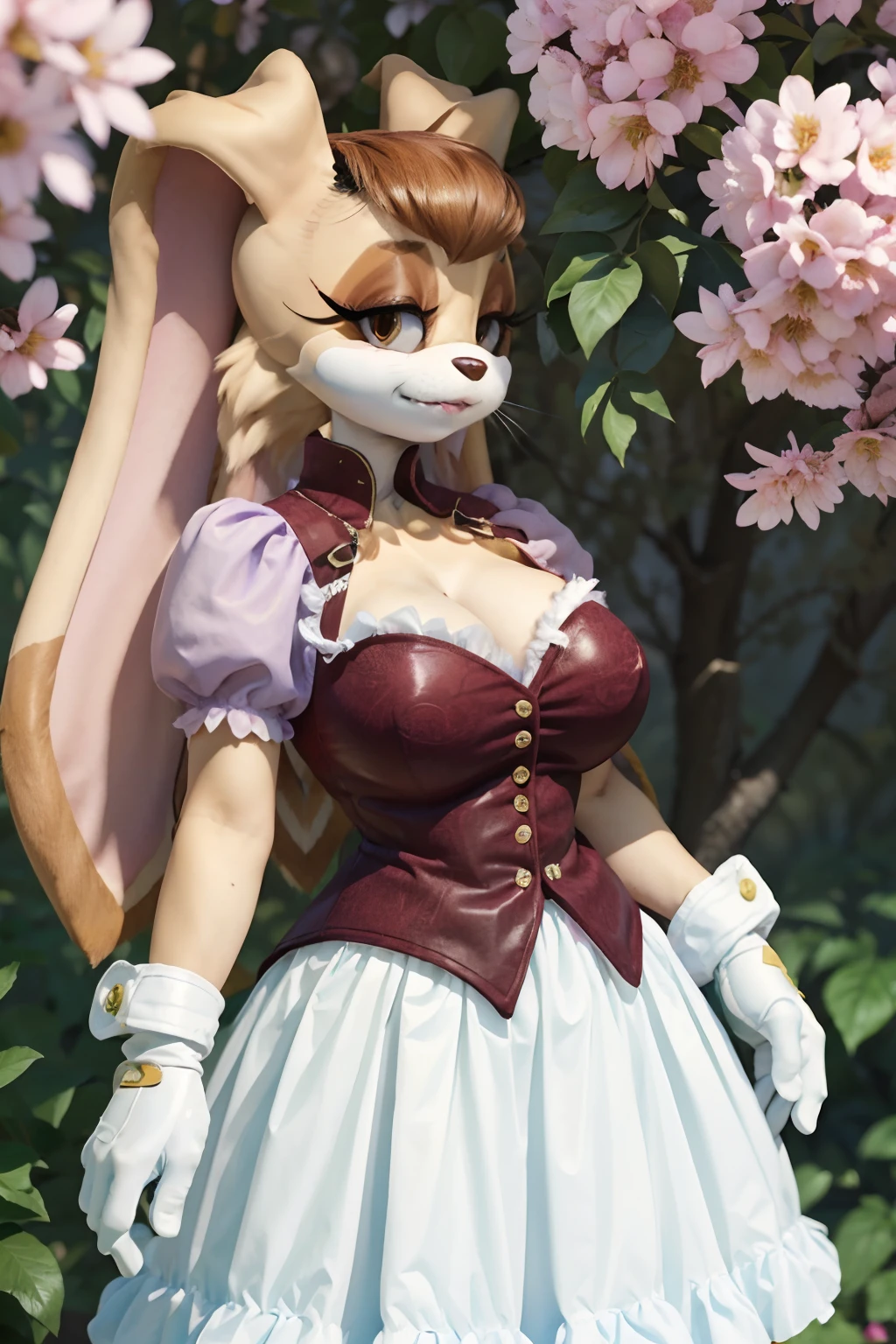 best quality, masterpiece, solo, 1girl,  ((vanillatherabbit)), (animal nose), puffy sleeves, skirt, vest, gloves, looking at viewer, furry female, furry, huge breasts