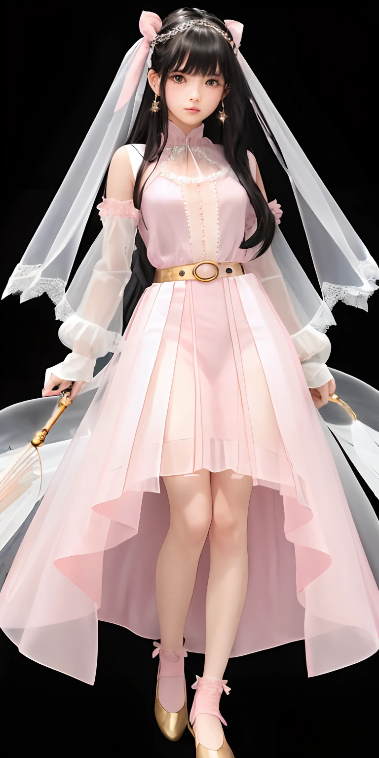 A 17 years old girl, super Long, flowing black hair.
	•	Gentle facial features with a hint of mystery and confusion in her eyes.

Wearing a (light pink:1.3) and pale white dress, which incorporates subtle gold or silver details.
The dress combines elements of both a pleated skirt and a flat skirt: the center portion of the dress is flat, while the sides have gentle pleats.
She has ((light pink:1.3) Mary Jane shoes) paired with (white lace-trimmed socks)).
Slightly tightened puff sleeves that reflect her calm and reserved nature.
A simple belt around her waist, holding a few small magical tools.
(A translucent, gauzy shawl:1.3)
Simple star-shaped earrings.
Her medieval dress is embroidered with magical symbols or runes.
	•	Despite her strong magical powers, her overall appearance exudes a sense of understated elegance and gentleness.