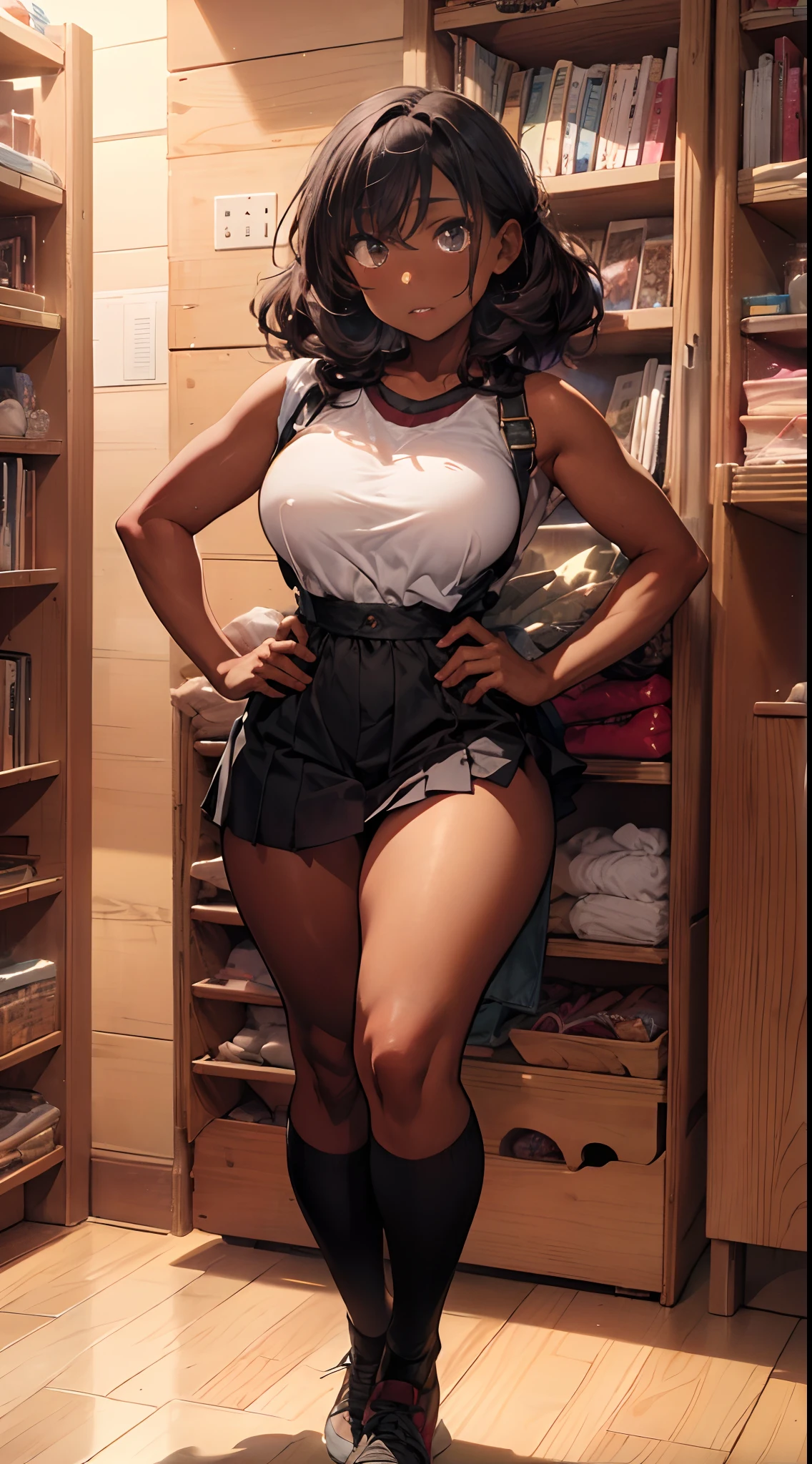(((dark-skinned))), (bookworm, 25-year-old Mahagony-skinned, darkskin statuesque oblong-shaped face,vivacious black eyes, prominently narrowed convex hooked nose, hourglass physique,thick, alluring, large breasts, large butt, heart hips, long, toned legs, messy pixie bun, glasses, sweater dress, high definition, 96k, fullbody, risky, vivd,Graffiti graphic novel, digital masterpiece,) (sultry and strong,beautiful, toned, Golden Ratio physique ((mystifying Ultra Detailed Iris,)) Extremely Detailed Body and Wide Hips. The character should have intricately accurate facial and physical structure* intricately realistic expression and emotion* accurate colored complexion* accurate clothing design* complex hairstyles* and intricate character detail. Human realistic features) ::10 (, sensual energetic atomsphere, perfect prompt, perfect prose, Unreal Engine 5, Cinema, Ultra wide angle, Depth of field, Hyper detail, Fine details, Fabric texture, erotica,, Depth of field, Tilt blur, white balance, 64k , super resolution, megapixel, VR, single, good, ambient light, half light, backlight, natural light, incandescent light, optical fiber, dark light, cinematic light, studio light, soft light, ambient light, contrast light, beautiful light, accent light, general lighting, screen space general illumination, ray traced global illumination, optics, diffuse , Glow, Shadows, Rough, Glow, Raytraced Reflections, Clearance Reflections, Screen Space Reflections, Diffractive Gradation, Chromatic Aberration, GB ent Offset, Sweep Lines, Ray Tracing, Ambient Light Occlusion,Anti-Aliasing, FKAA, TXAA, RTX, SSAO, MSAAx4, shaders, OpenGL shaders, GLSL shaders, post-processing, post-processing, cell shading, tone mapping, CG, visual effects, sound effects, incredibly detailed and complex, hyper-maximal, elegant, hyper-realistic, super-detailed, dynamic pose)))