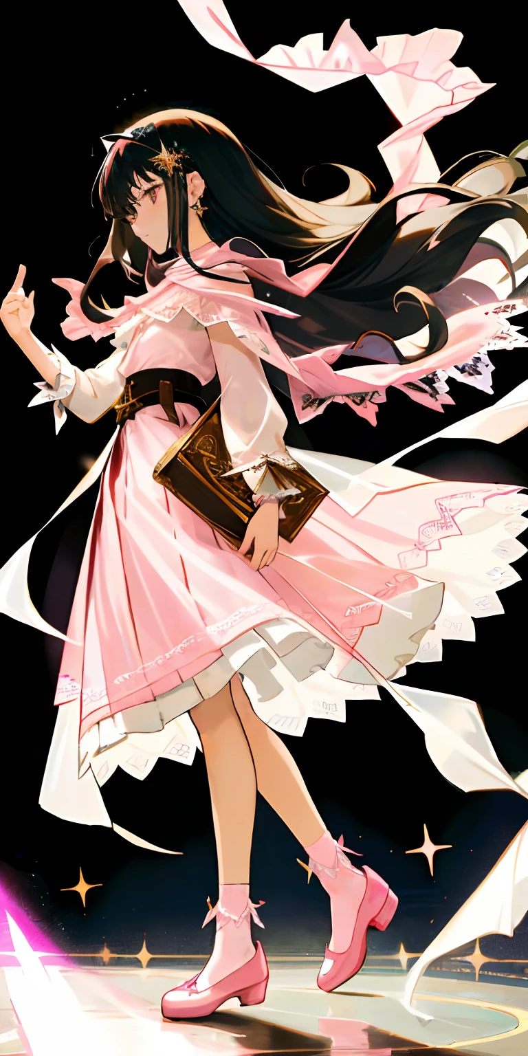 A 17 years old girl, super Long, flowing black hair.
	•	Gentle facial features with a hint of mystery and confusion in her eyes.

Wearing a (light pink:1.3) and pale white dress, which incorporates subtle gold or silver details.
The dress combines elements of both a pleated skirt and a flat skirt: the center portion of the dress is flat, while the sides have gentle pleats.
She has ((light pink:1.3) Mary Jane shoes) paired with (white lace-trimmed socks)).
Slightly tightened puff sleeves that reflect her calm and reserved nature.
A simple belt around her waist, holding a few small magical tools.
(A translucent, gauzy shawl:1.3)
Simple star-shaped earrings.
Her medieval dress is embroidered with magical symbols or runes.
	•	Despite her strong magical powers, her overall appearance exudes a sense of understated elegance and gentleness.