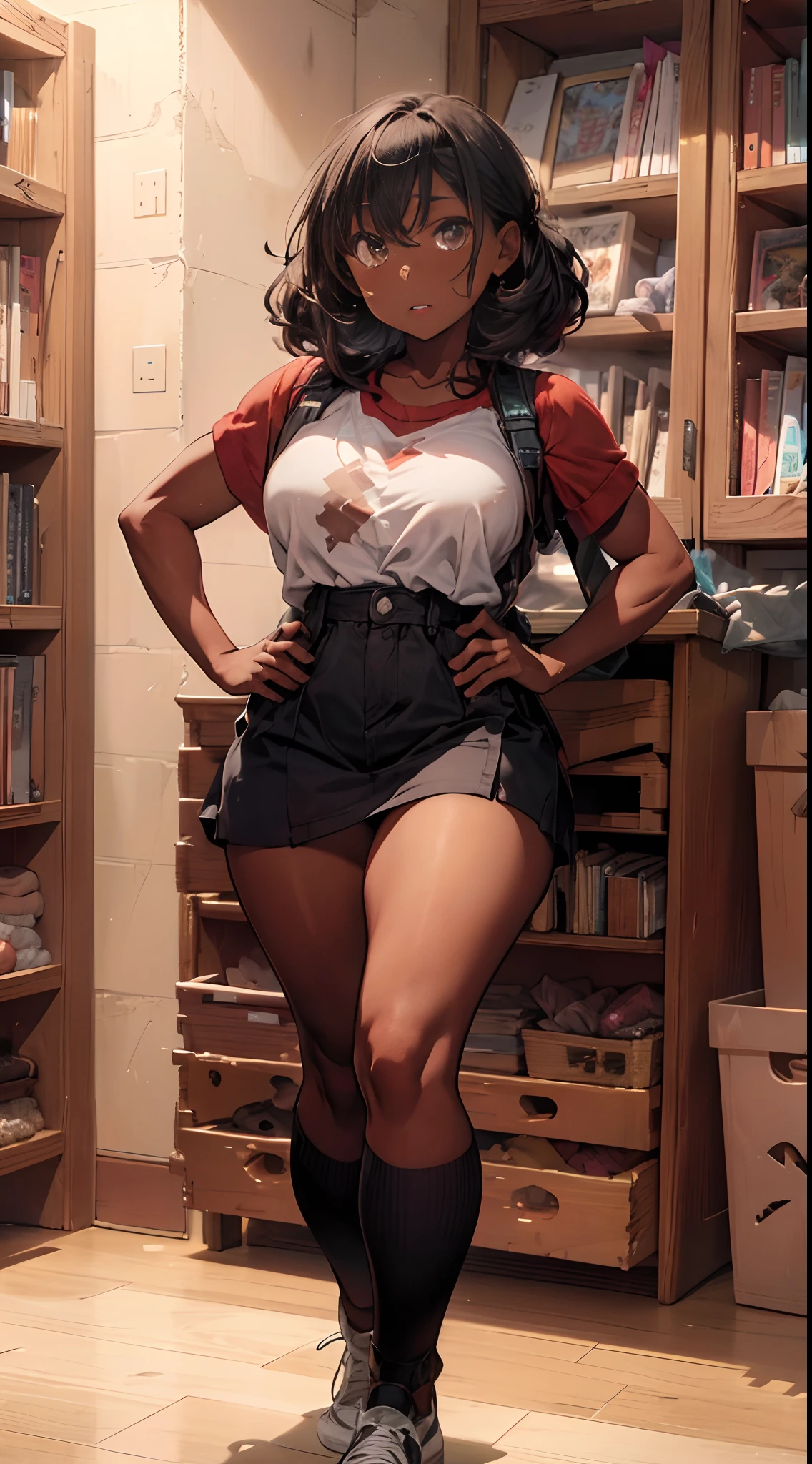 (((dark-skinned))), (bookworm, 25-year-old Mahagony-skinned, darkskin statuesque oblong-shaped face,vivacious black eyes, prominently narrowed convex hooked nose, hourglass physique,thick, alluring, large breasts, large butt, heart hips, long, toned legs, messy pixie bun, glasses, sweater dress, high definition, 96k, fullbody, risky, vivd,Graffiti graphic novel, digital masterpiece,) (sultry and strong,beautiful, toned, Golden Ratio physique ((mystifying Ultra Detailed Iris,)) Extremely Detailed Body and Wide Hips. The character should have intricately accurate facial and physical structure* intricately realistic expression and emotion* accurate colored complexion* accurate clothing design* complex hairstyles* and intricate character detail. Human realistic features) ::10 (, sensual energetic atomsphere, perfect prompt, perfect prose, Unreal Engine 5, Cinema, Ultra wide angle, Depth of field, Hyper detail, Fine details, Fabric texture, erotica,, Depth of field, Tilt blur, white balance, 64k , super resolution, megapixel, VR, single, good, ambient light, half light, backlight, natural light, incandescent light, optical fiber, dark light, cinematic light, studio light, soft light, ambient light, contrast light, beautiful light, accent light, general lighting, screen space general illumination, ray traced global illumination, optics, diffuse , Glow, Shadows, Rough, Glow, Raytraced Reflections, Clearance Reflections, Screen Space Reflections, Diffractive Gradation, Chromatic Aberration, GB ent Offset, Sweep Lines, Ray Tracing, Ambient Light Occlusion,Anti-Aliasing, FKAA, TXAA, RTX, SSAO, MSAAx4, shaders, OpenGL shaders, GLSL shaders, post-processing, post-processing, cell shading, tone mapping, CG, visual effects, sound effects, incredibly detailed and complex, hyper-maximal, elegant, hyper-realistic, super-detailed, dynamic pose)))
