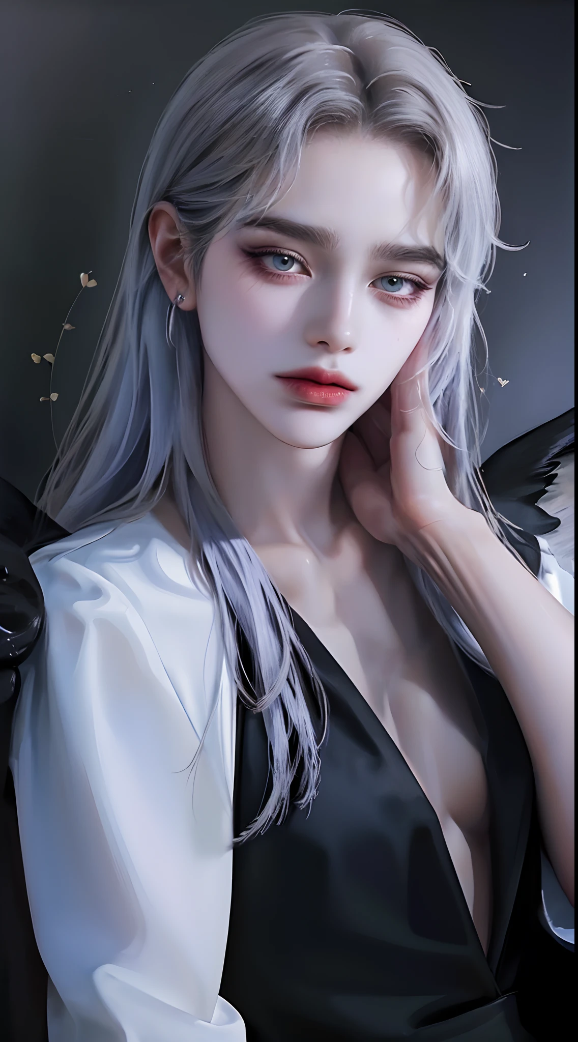 ((4K works))、masterpiece、(top-quality)、((high-level image quality))、((one beautiful women))、Slim body、((Black Y Shirt Fashion))、(Detailed beautiful eyes)、Fantastic city background、((Face similar to Chaewon in Ruseraphim))、((length hair))、((bright silver hair))、((Smaller face))、((Neutral face))、((Light blue eyes))、((Korean Women))、((18year old))、((Wild Lady))、((Glaring at him with a savage look))、((Korean makeup with black eyeshadow))、((elongated and sharp eyes))、((Shot alone))、((Fallen Angel))、((Fallen Angel Woman))、Photos of fallen angels、Villain、((amazing photo))、Photographed so that the whole body can be seen