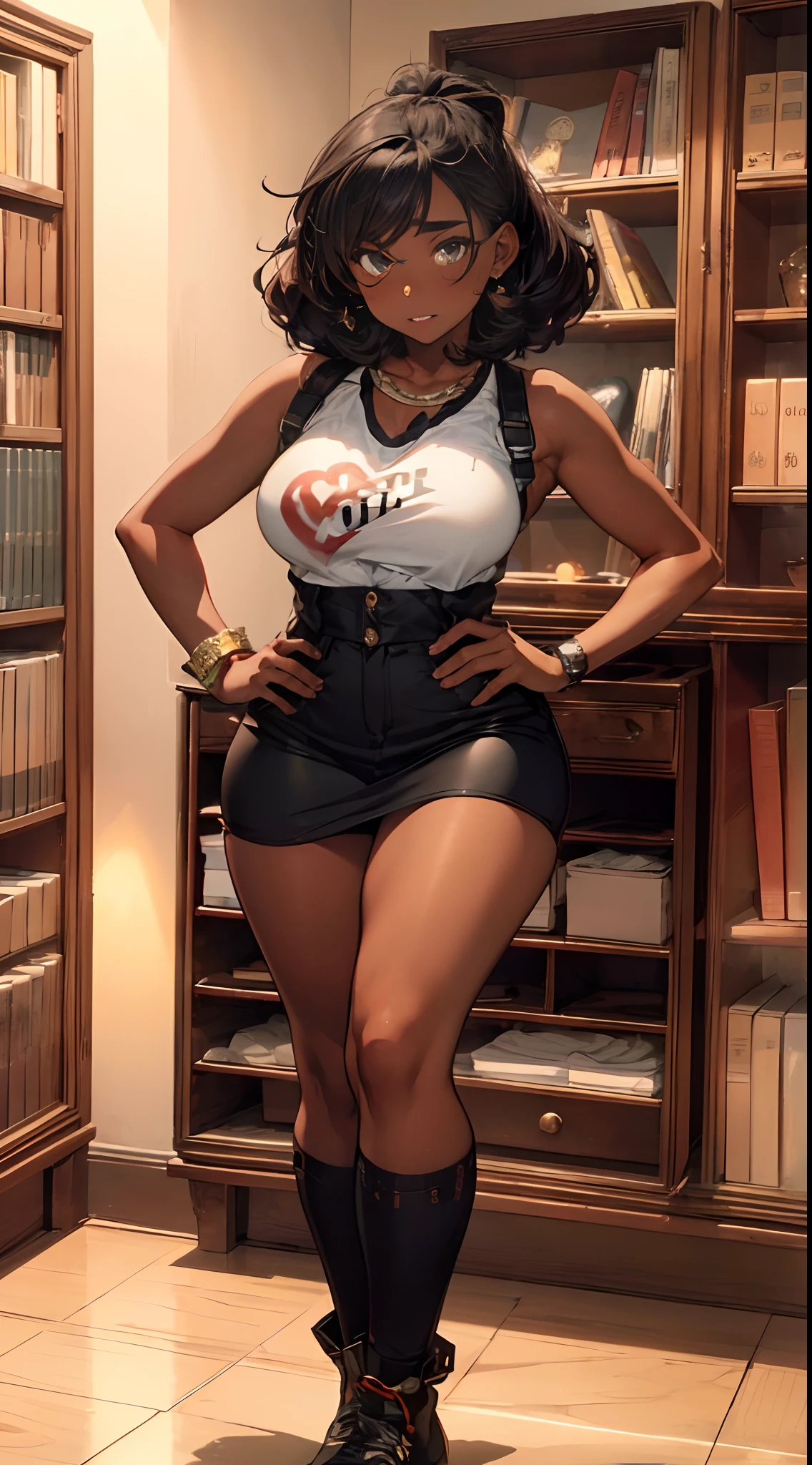 (((dark-skinned))), (bookworm, 25-year-old Mahagony-skinned, darkskin statuesque oblong-shaped face,vivacious black eyes, prominently narrowed convex hooked nose, hourglass physique,thick, alluring, large breasts, large butt, heart hips, long, toned legs, messy pixie bun, glasses, sweater dress, high definition, 96k, fullbody, risky, vivd,Graffiti graphic novel, digital masterpiece,) (sultry and strong,beautiful, toned, Golden Ratio physique ((mystifying Ultra Detailed Iris,)) Extremely Detailed Body and Wide Hips. The character should have intricately accurate facial and physical structure* intricately realistic expression and emotion* accurate colored complexion* accurate clothing design* complex hairstyles* and intricate character detail. Human realistic features) ::10 (, sensual energetic atomsphere, perfect prompt, perfect prose, Unreal Engine 5, Cinema, Ultra wide angle, Depth of field, Hyper detail, Fine details, Fabric texture, erotica,, Depth of field, Tilt blur, white balance, 64k , super resolution, megapixel, VR, single, good, ambient light, half light, backlight, natural light, incandescent light, optical fiber, dark light, cinematic light, studio light, soft light, ambient light, contrast light, beautiful light, accent light, general lighting, screen space general illumination, ray traced global illumination, optics, diffuse , Glow, Shadows, Rough, Glow, Raytraced Reflections, Clearance Reflections, Screen Space Reflections, Diffractive Gradation, Chromatic Aberration, GB ent Offset, Sweep Lines, Ray Tracing, Ambient Light Occlusion,Anti-Aliasing, FKAA, TXAA, RTX, SSAO, MSAAx4, shaders, OpenGL shaders, GLSL shaders, post-processing, post-processing, cell shading, tone mapping, CG, visual effects, sound effects, incredibly detailed and complex, hyper-maximal, elegant, hyper-realistic, super-detailed, dynamic pose)))