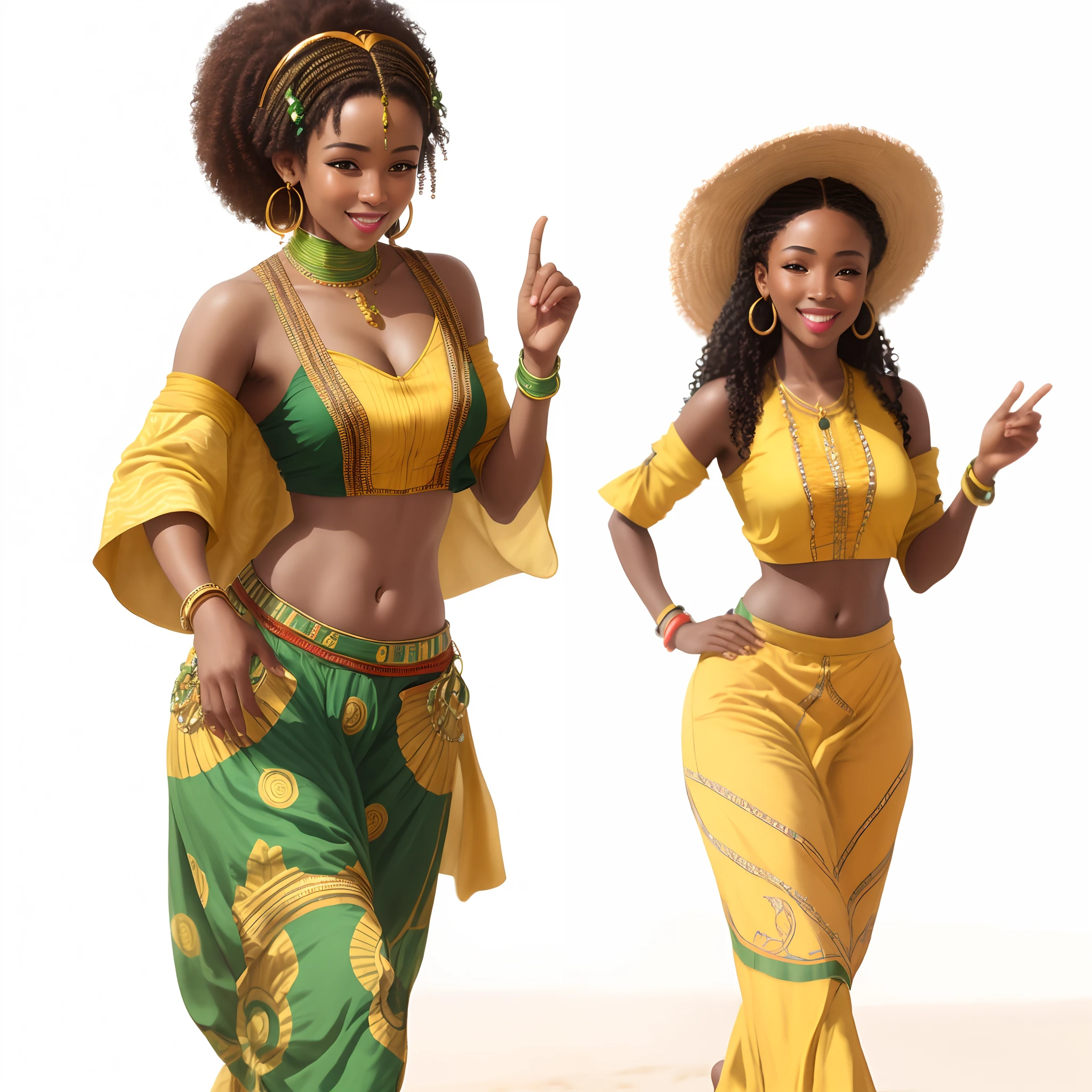 Masterpiece, best quality, very detailed beautiful faces and fingers, two african women in tribal yellow and green clothes dance, they smile, very happy