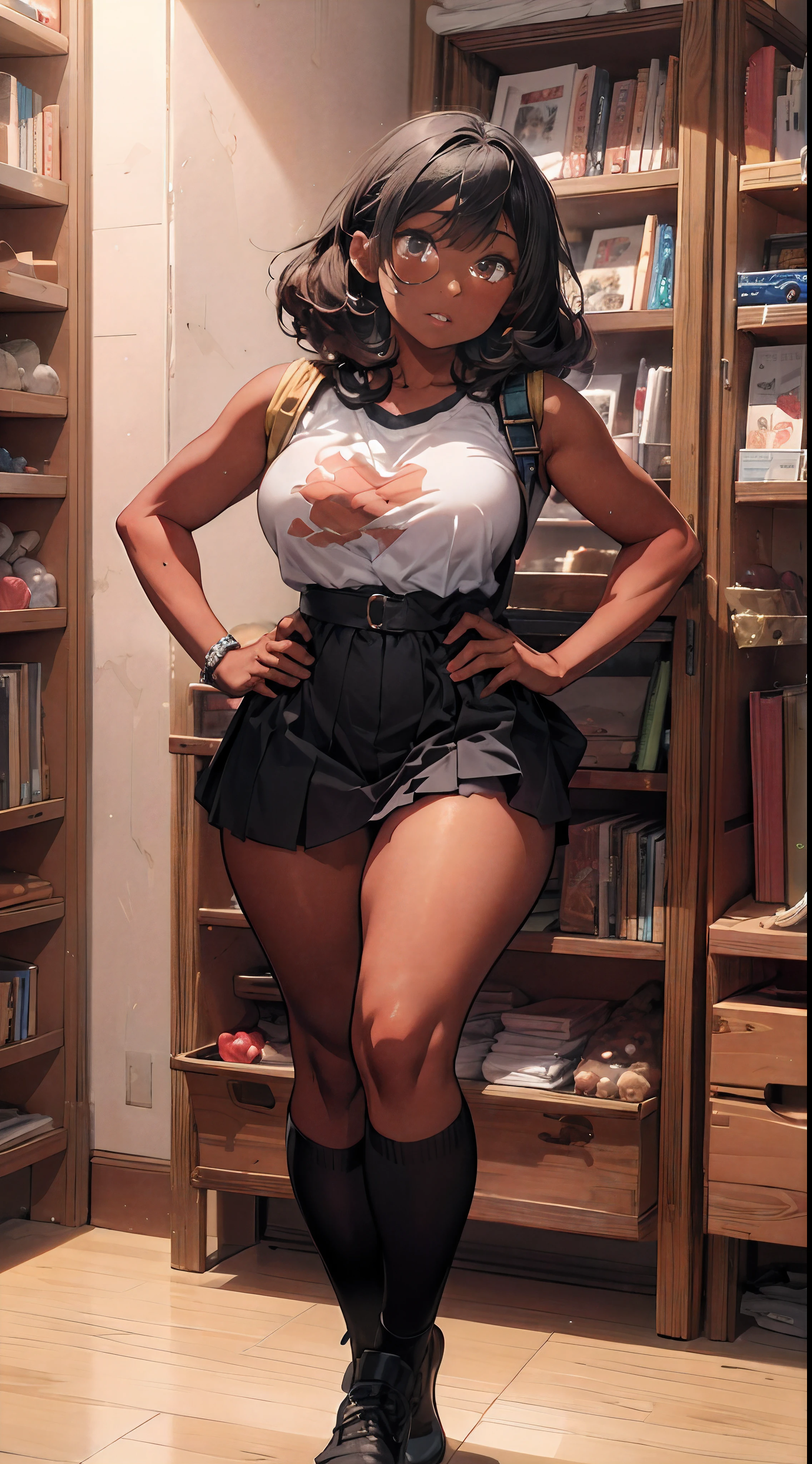 (((dark-skinned))), (bookworm, 25-year-old Mahagony-skinned,  darkskin statuesque oblong-shaped face,vivacious black eyes, prominently narrowed convex hooked nose, hourglass physique,thick, alluring, large breasts, large butt, heart hips, long, toned legs, messy pixie bun, glasses,  sweater dress, high definition, 96k, fullbody, risky, vivd,Graffiti graphic novel, digital masterpiece,) (sultry and strong,beautiful, toned, Golden Ratio physique ((mystifying Ultra Detailed Iris,))  Extremely Detailed Body and Wide Hips. The character should have intricately accurate facial and physical structure* intricately realistic expression and emotion* accurate colored complexion* accurate clothing design* complex hairstyles* and intricate character detail. Human realistic features) ::10  (, sensual energetic atomsphere, perfect prompt, perfect prose, Unreal Engine 5, Cinema, Ultra wide angle, Depth of field, Hyper detail, Fine details, Fabric texture, erotica,, Depth of field, Tilt blur, white balance, 64k , super resolution, megapixel, VR, single, good, ambient light, half light, backlight, natural light, incandescent light, optical fiber, dark light, cinematic light, studio light, soft light, ambient light, contrast light, beautiful light, accent light, general lighting, screen space general illumination, ray traced global illumination, optics, diffuse , Glow, Shadows, Rough, Glow, Raytraced Reflections, Clearance Reflections, Screen Space Reflections, Diffractive Gradation, Chromatic Aberration, GB ent Offset, Sweep Lines, Ray Tracing, Ambient Light Occlusion,Anti-Aliasing, FKAA, TXAA, RTX, SSAO, MSAAx4, shaders, OpenGL shaders, GLSL shaders, post-processing, post-processing, cell shading, tone mapping, CG, visual effects, sound effects, incredibly detailed and complex, hyper-maximal, elegant, hyper-realistic, super-detailed, dynamic pose)))