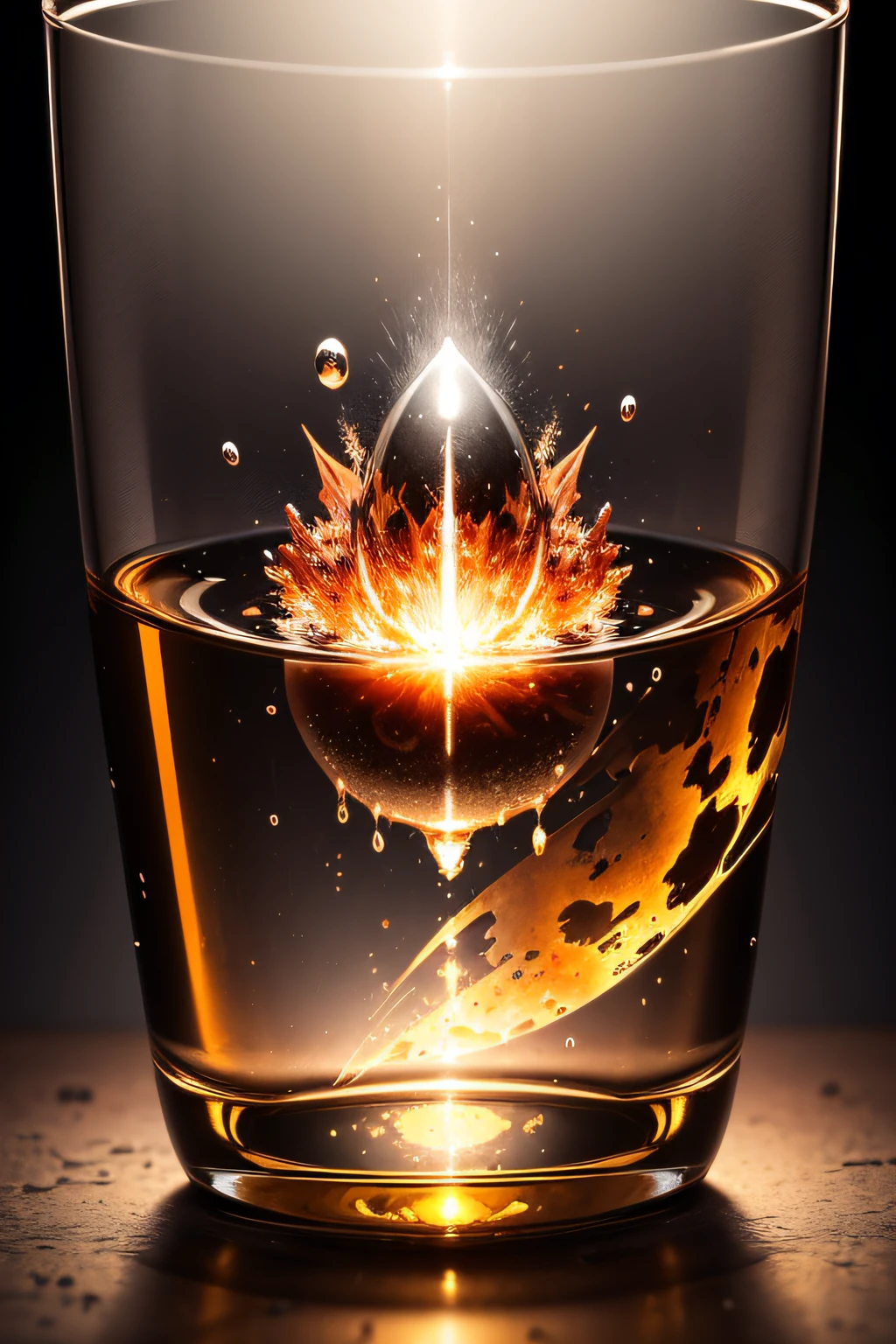 A real bullet passes through a glass full of water and causes it to explode in a magnificent, highly textured and detailed explosion