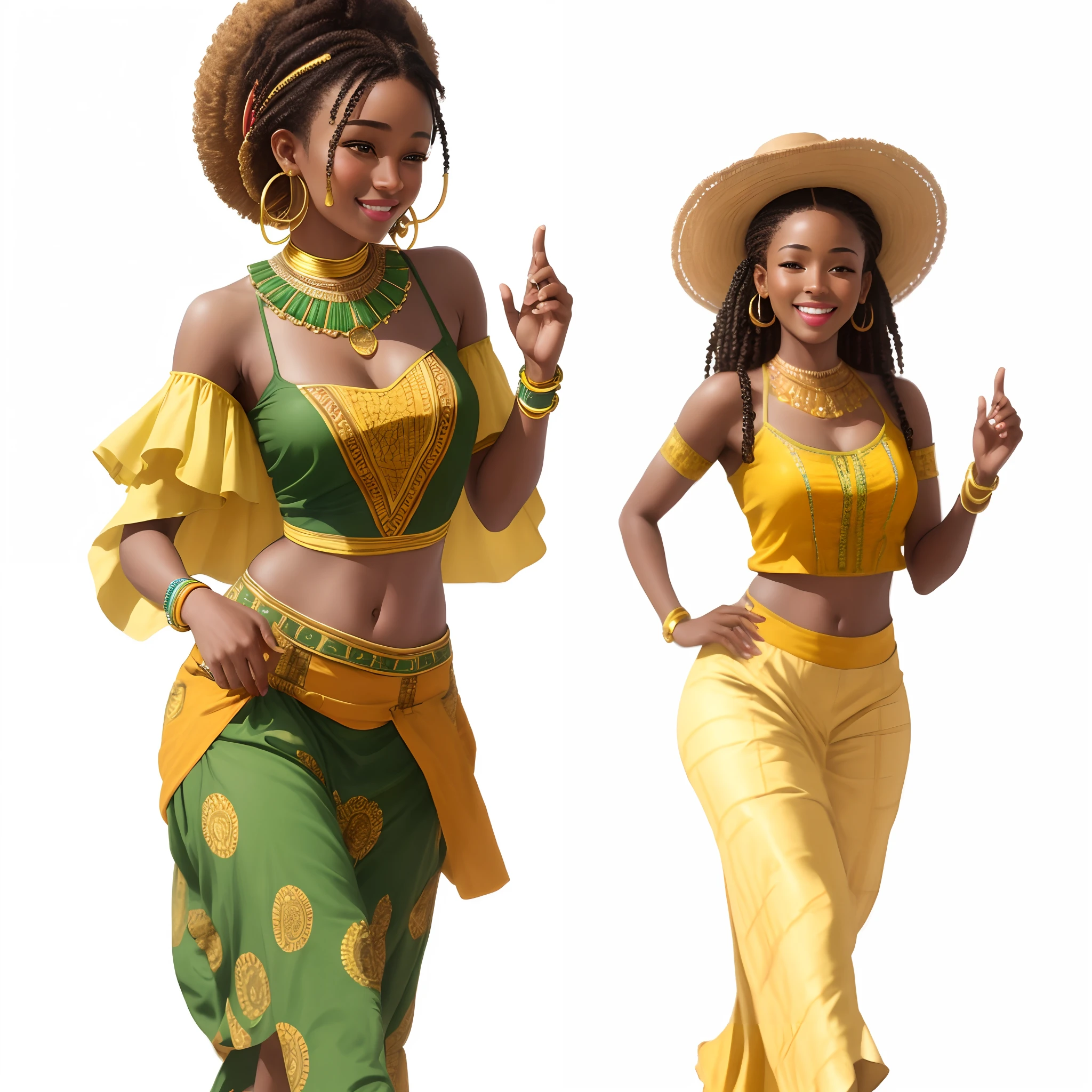 Masterpiece, best quality, very detailed beautiful faces and fingers, two african women in tribal yellow and green clothes dance, they smile, very happy