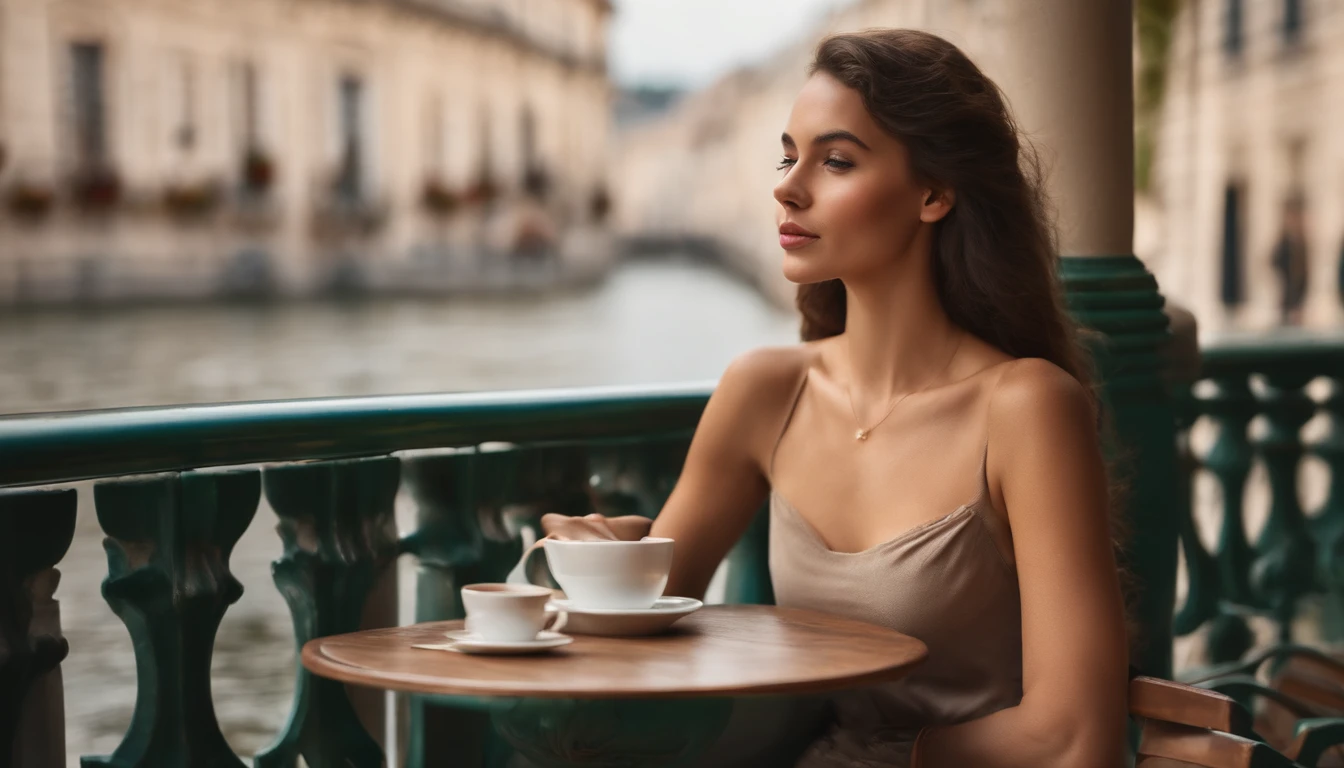 Photograph of a beautiful girl, on the terrace of a café, porte une jupe, Masterpiece, jouissant, fille, fille chaude, (((buste lourd))), cheveux bruns, long_cheveux, symmetrical face, photoreallistic, photographie, Phone camera, natural lighting, magnifique, clivage, occidental, Lo-fi, High resolution, Extremely detailed, peau avec pores, realistic lighting, natural light, photo du profil droit, visage naturel, instagram pose, Influencer, imparfait