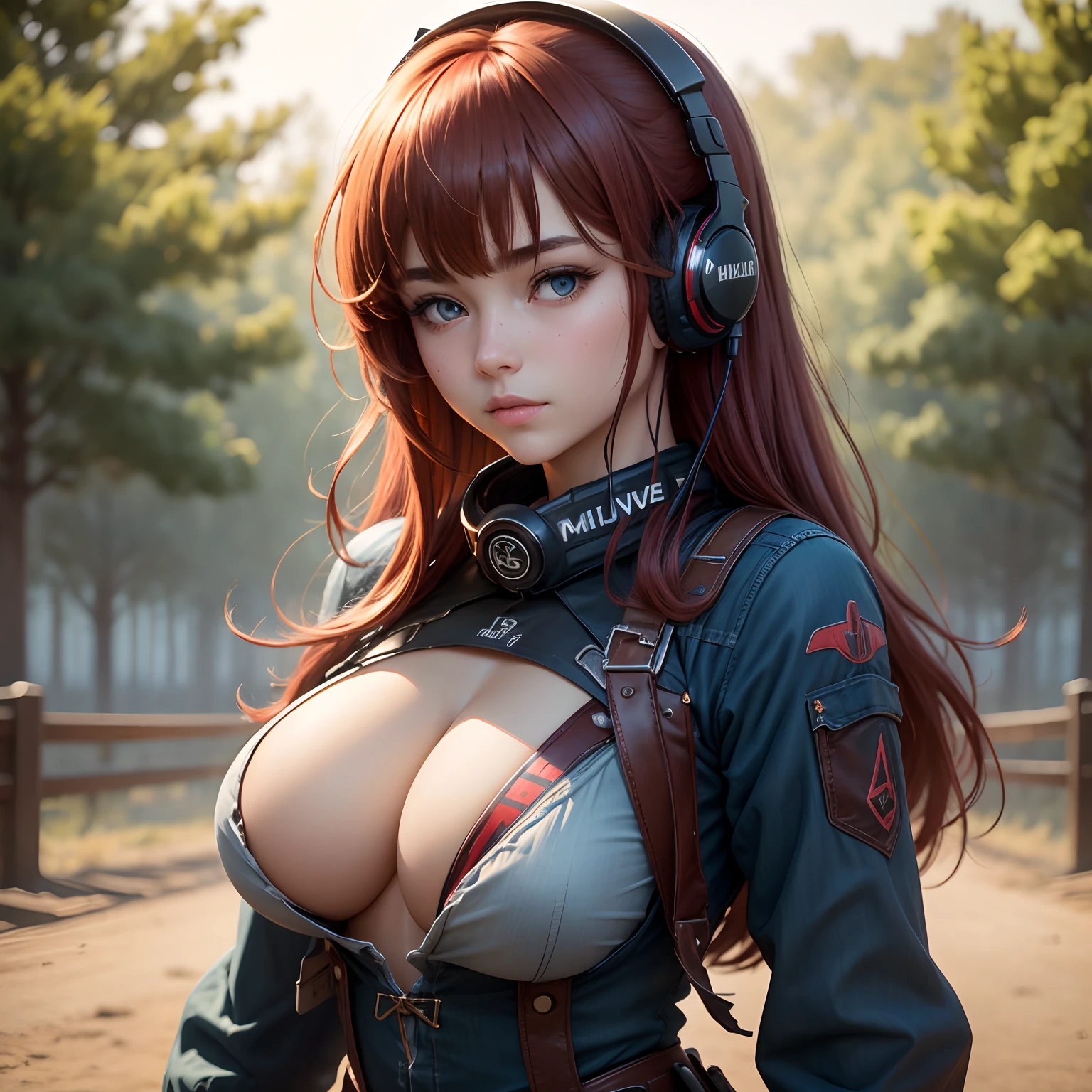 8k, masterpiece, best quality, realistic, higly detailed, cowboy shot, 1girl, solo, miku, emotionless looking girl, medium-length red hair, strands of hair hanging over the right side of her face, a set of wireless headphones that have a triangle-shaped logo on the ear cups around her neck, dark blue eyes, average height, well-endowed figure, large breasts, bangs cover her right eye, Humilityer