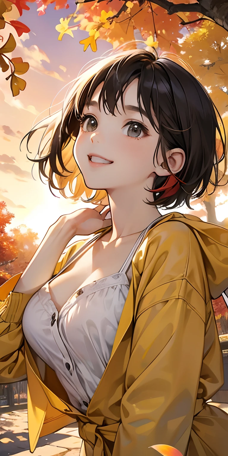 realisticlying、( female child)、Outdoshion、Dynamic close-up looking up from under a ginkgo tree、Beautiful autumn leaves、Slightly larger breasts with an emphasis on cleavage、Versatile sexy poses、The sky turns red at sunset、Face smile