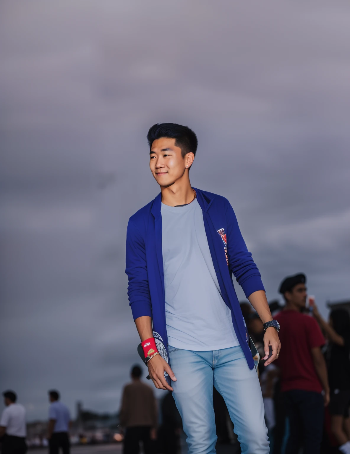 there is a man standing on a skateboard in a crowded area, casual photography, candid picture, photo taken with canon 5d, taken with canon eos 5 d mark iv, shot on canon eos r 5, shot on canon eos r5, candid!! dark background, shot on sony a 7, taken with canon 5d mk4, shot on nikon z9