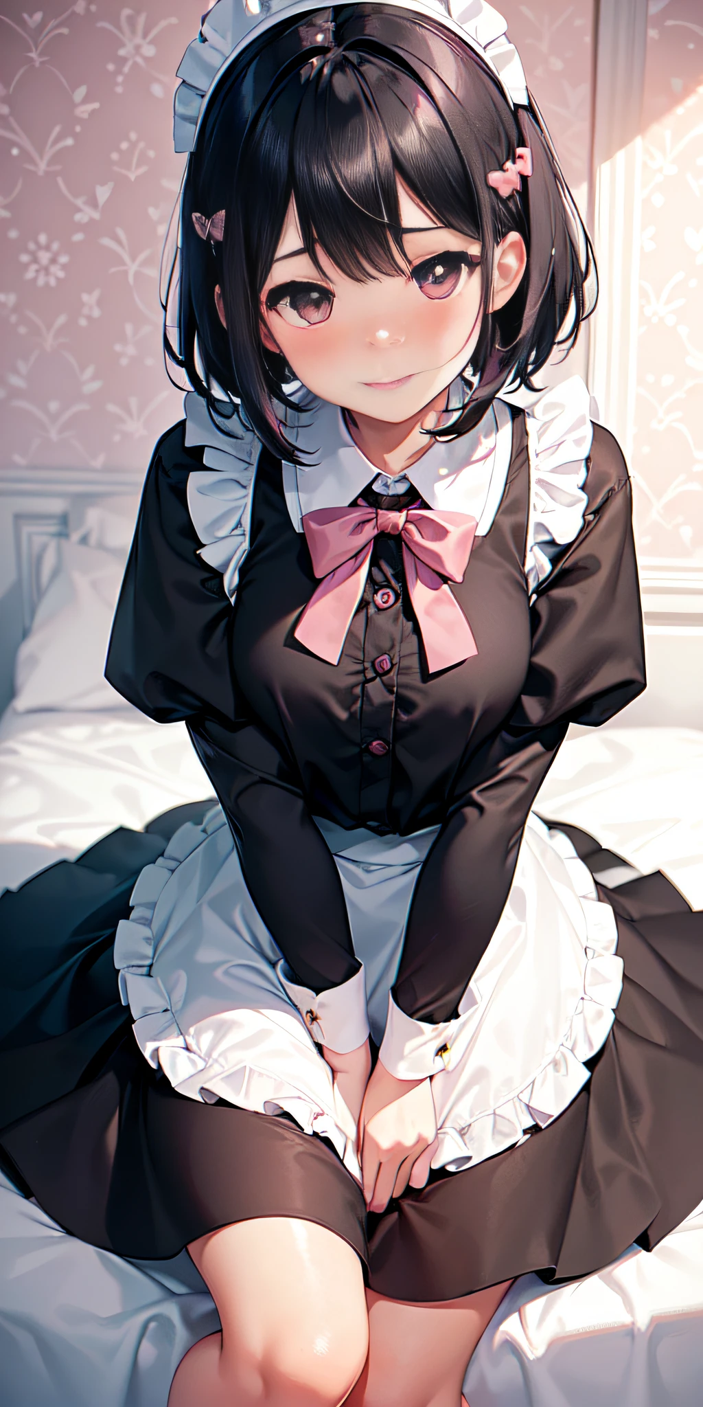 (bow: 1.3), maid, skirt pinches, thighs, 1 girl only, (wallpaper), short black hair, vibrant colors, sharp focus, depth of field, cinematic lighting, pretty face, smile, ((80% naked), (blush:1.4)