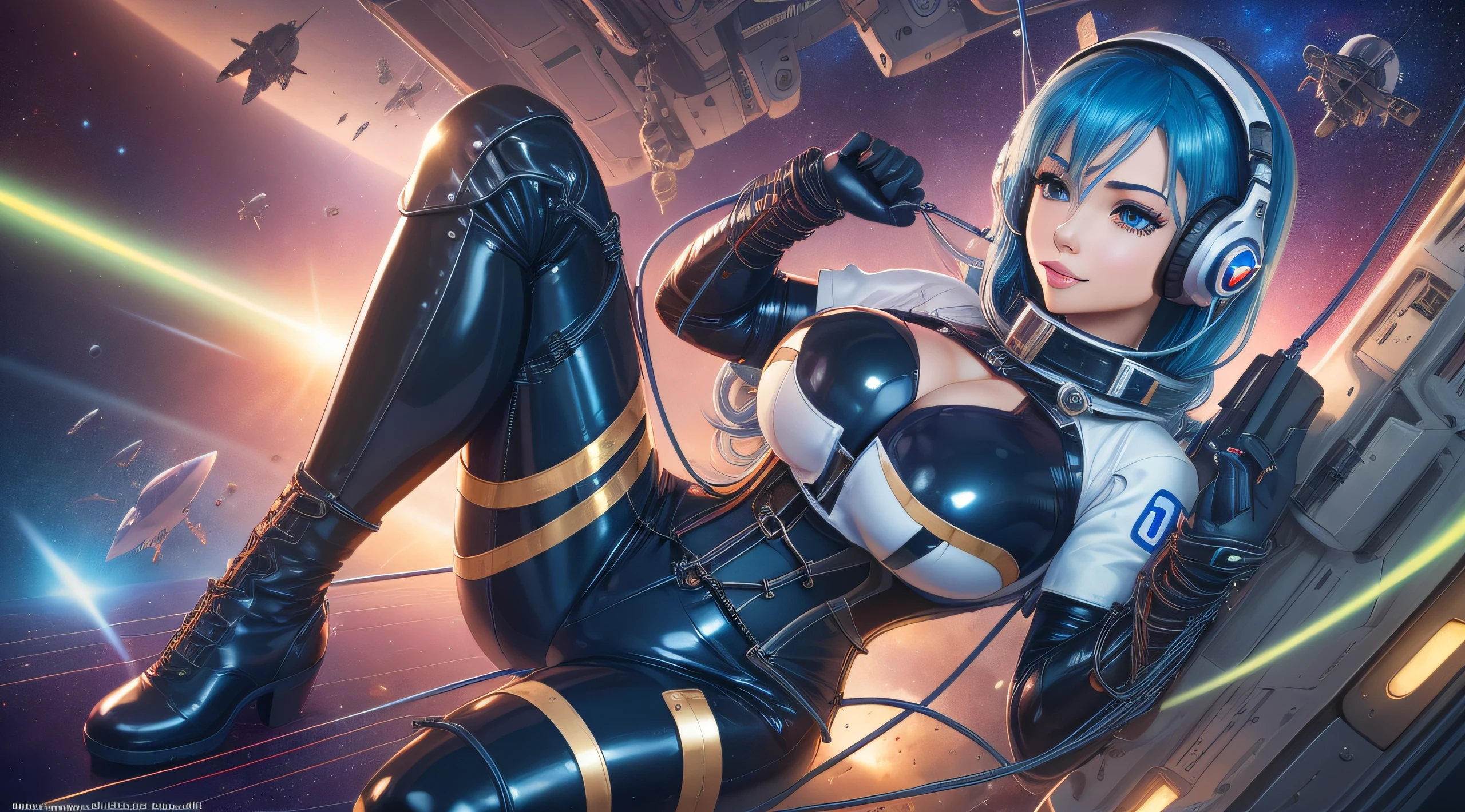 Full body, blue hair, blunt van, masterpiece, top quality, official art, album art, very elaborate CG Unity 8K wallpaper, lone girl, Caucasian girl, full body, super high resolution, (photorealistic: 1.4), dynamic angle, dynamic pose, mystical power, floating particles, reflection, so cute, sparkling blue color eyes, golden hour lighting, Latex corset in white and black colors, tight fitting clothes, knee boots, (puffy eyes), viewer looking, front-facing, beauty, ???????????, shirt lift, metal wire, slim body, arm-length gloves, anime heroine, gentle smile, headset, helmet, detailed robot cockpit, super futuristic space