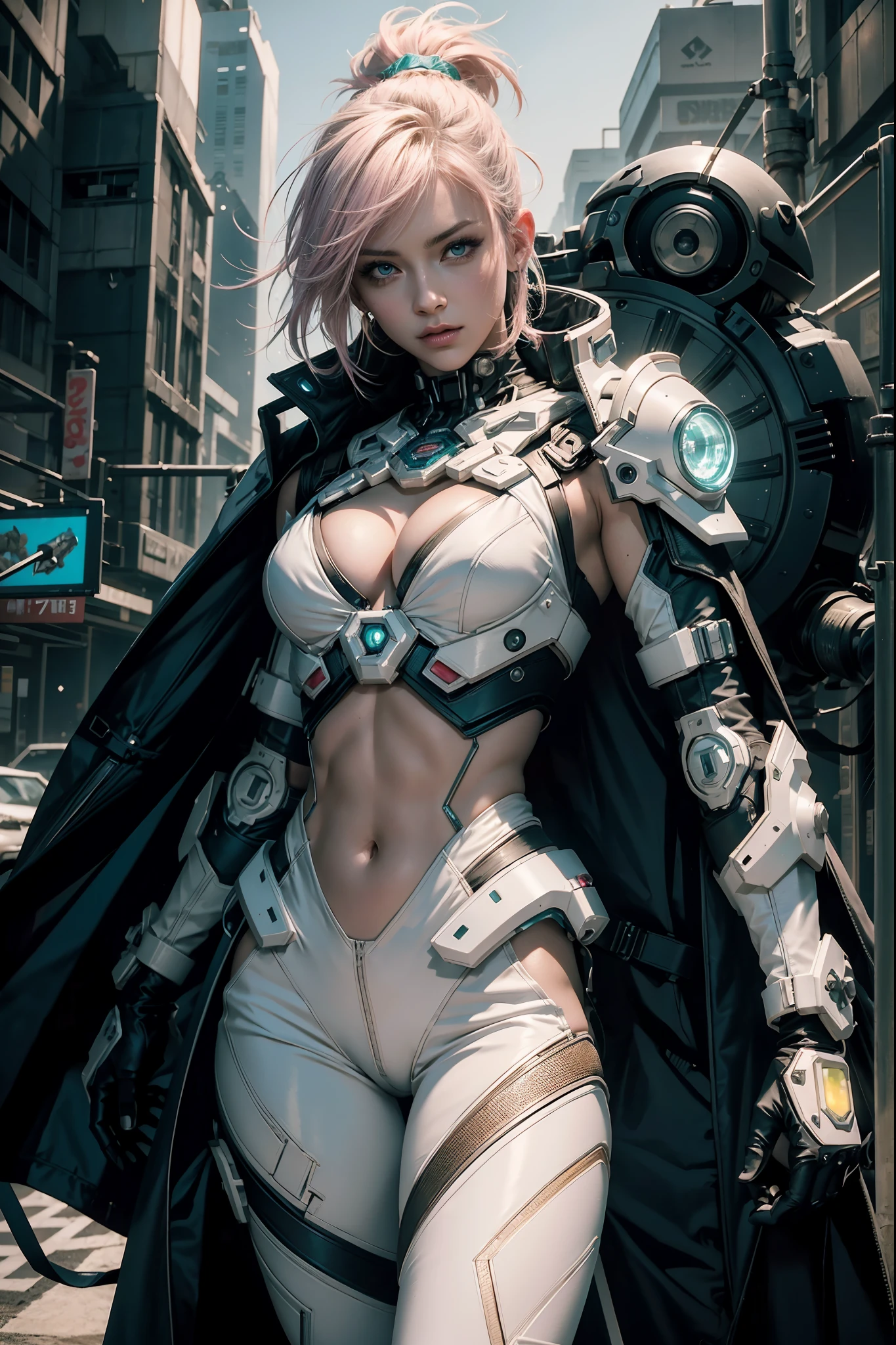 Gorgeous mech warrior woman, small white battle suit with green and yellow LED lights, show stomach, short pink hair mohawk, high-tech, assassin, show a lot of skin, oily skin, show abs, cyberpunk city background, futuristic, detailed and intricate, cleavage, sexy masterpiece, best quality, highest quality, high definition, highly detailed, 8K, athletic and fit body, naughty, perfect hands, detailed hands, perfect eyes, detailed eyes, flirty, sexy, realistic, HDR, UHD, dynamic, cleavage