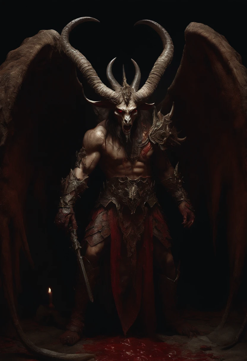 (masterpiece), (best quality), realistic, cinematic light, Chernobog, God of Darkness, Slavic Mythology, stand, battlefield background, only one big red eye, goo body, torn wings
