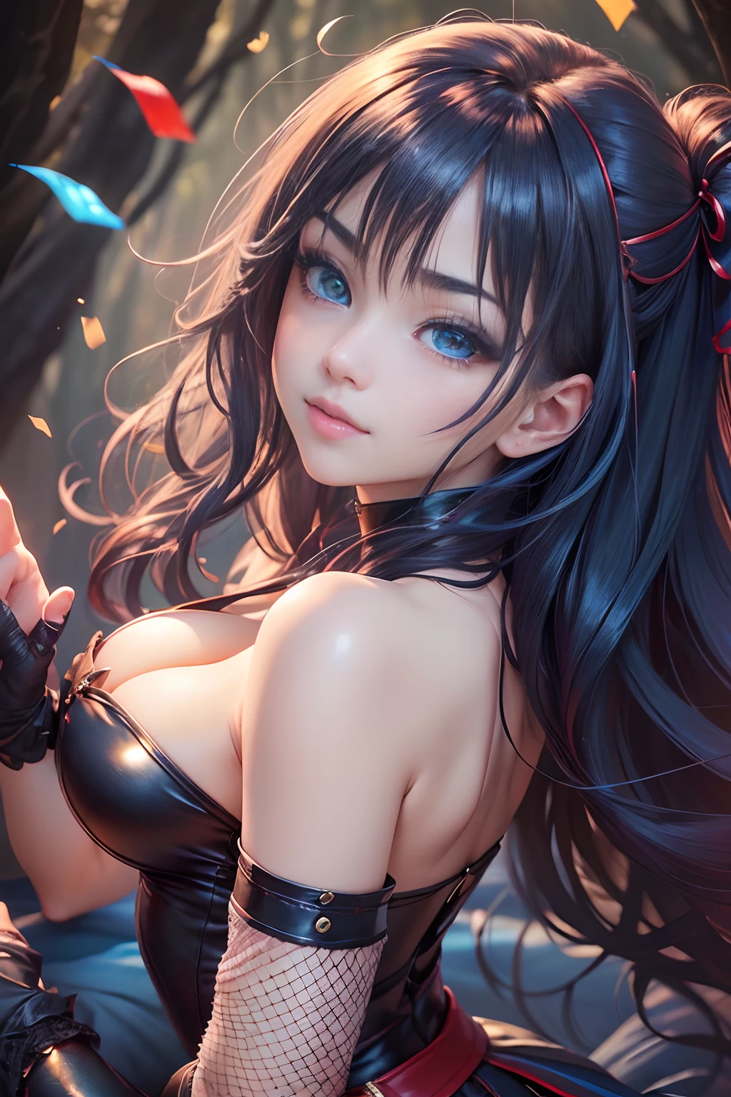 ((16k,Raw photography,top-quality,hight resolution,Ray tracing,PBR Texture,Post-processing,)),(((Red leather bondage skirt , Cute Japan anime girl,魔法少女まどか☆マギカ,Homura Akemi,long wavy dark blue hair,Emphasize cleavage,bare hand,Thin leg,Blue eyes,)))(finerly detailed face:1.4),(masterpiece:1.4),(top-quality:1.4), Beautiful fine skin,(cute little:1.5),(Complex fishnet stockings),pin heels,Leather luster 3.0,Beautiful skin,(Dark Red Bodycon),((tthin eyebrows,long eyelashes,smil,二重まぶた,)),Lying in bed,No title required,Do not wear anything on your shoulders, Awkward figure, From above,Staring from the front,Create beautiful light effects on the background、Create a confetti effect on the background,Girl fighting in the forest,