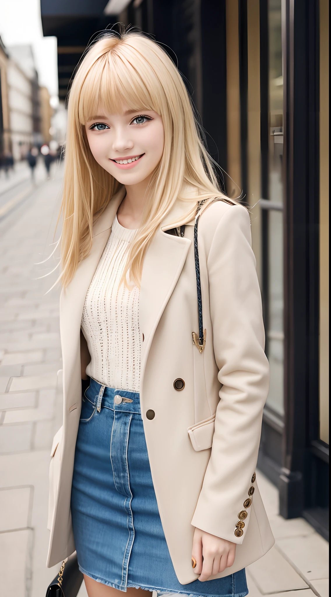 4K、top-quality、masutepiece、a blond、((Americana))、18year old、With bangs、Longhaire、Beautuful Women、Plain clothe、Looking at the camera、((smile1.6))、Downtown London