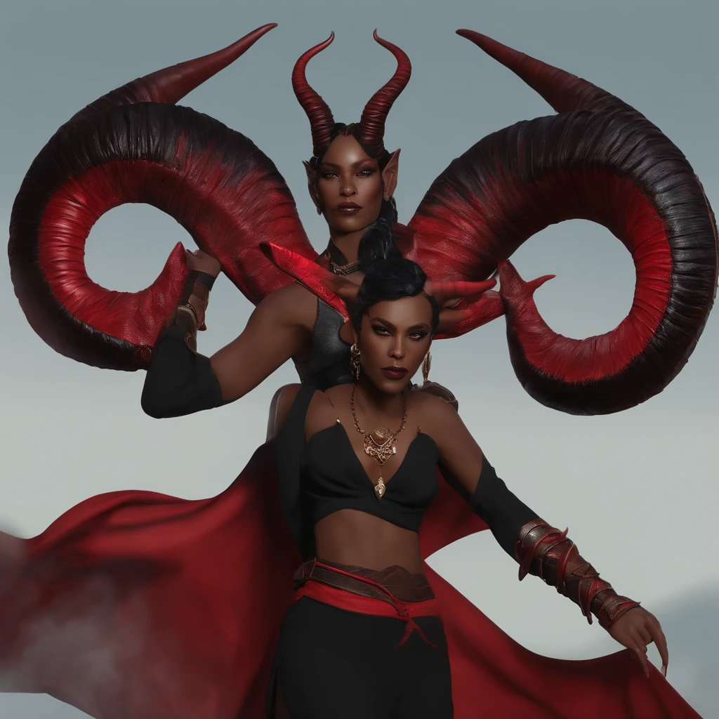 Tiefling D&d, cabelo preto, red skin and horns back, Bruxo