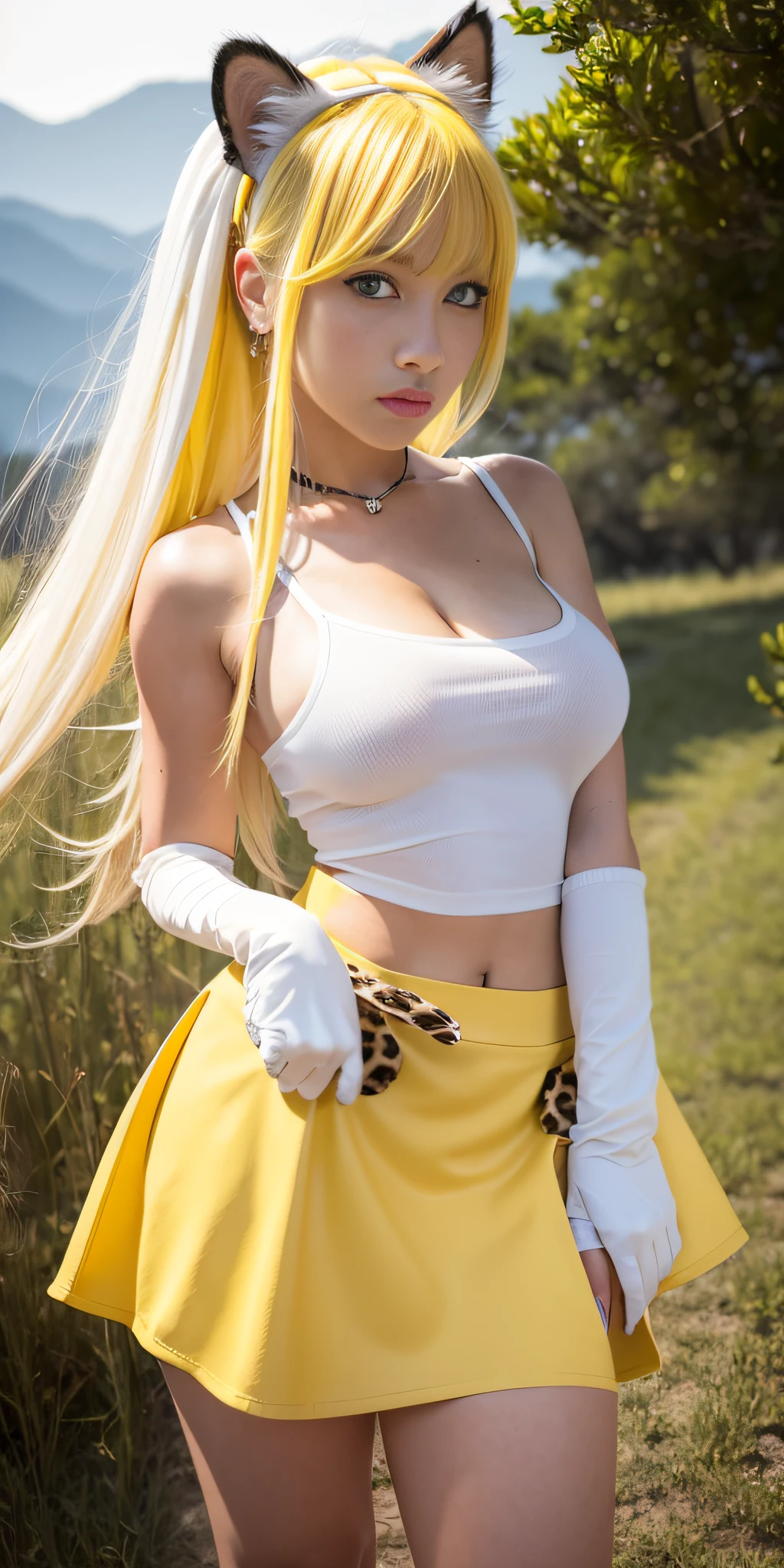 cowboy shot, beautiful eyes, Masterpiece, Best quality, realistic photo, solo1girl, serval, blonde hair, Cat ears, Cat tail, ((leopard spots on: W Arms  White gloves White shirt. (50% yellow miniskirt))), intricate details, High Resolutions, Kemono friends, large firm and round breasts, looking at viewer, orange eyes, tail, high yellow thighs