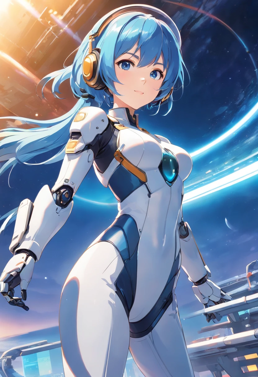 The best quality, high resolution, detailed 4k CG, masterpiece, amazing art, fine details, high details, complex details, blue long hair, girly feeling, big eyes, pure desire, lovely, young and beautiful, immortal,Flying ,, light and shadow, light,Gorgeous clothes,sea,Cyberpunk, mecha girl, mechanical body