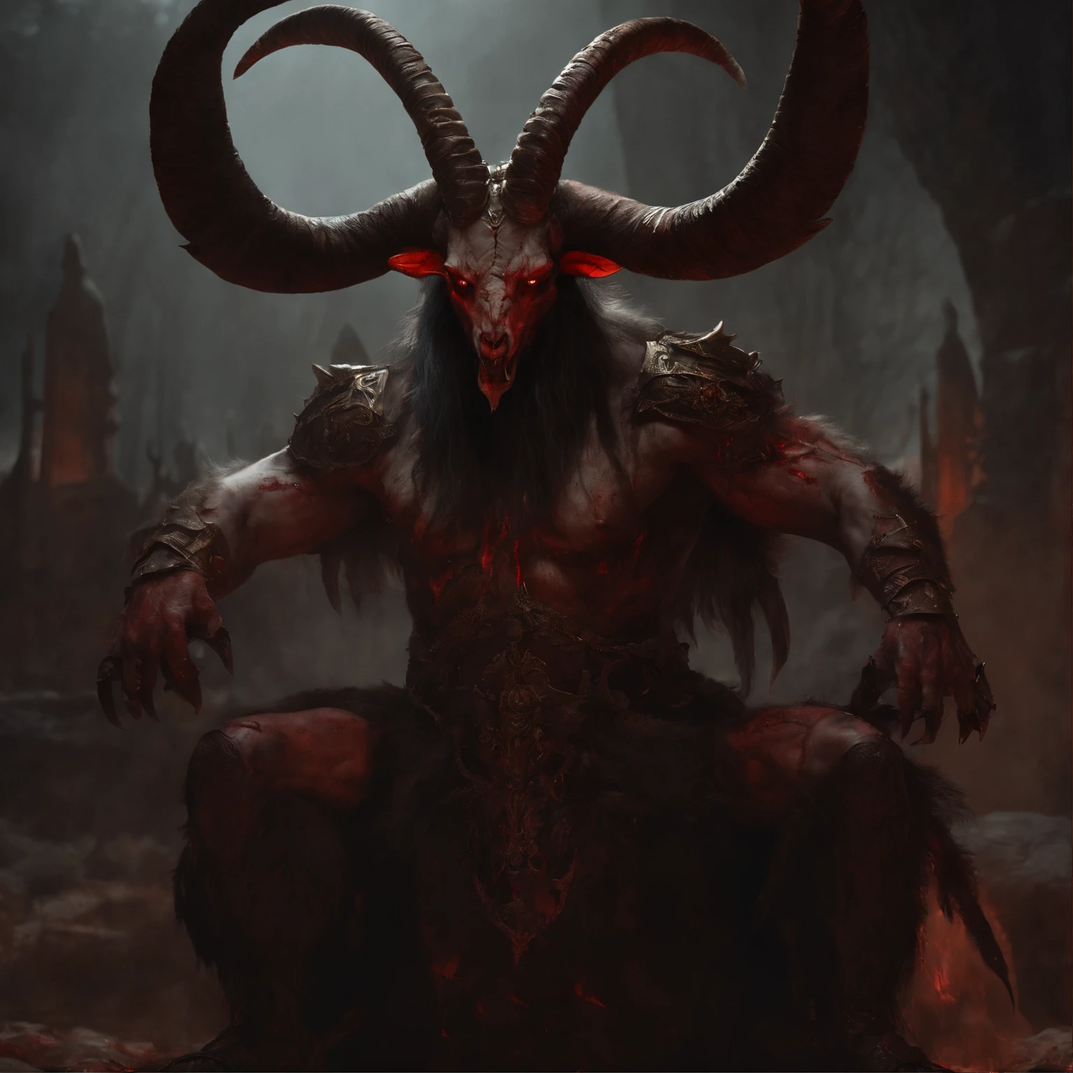 A Buddha-headed Arad male demon stands in a dark room, fit male demon with white horns, muscled humanoid balrog demon, minotaur in ancient armor, minotaur from path of exile, Demon Lord, Diablo 4, doom demon, made in unreal engine 5, diablo 4 lilith, fat ripped satan, demon male