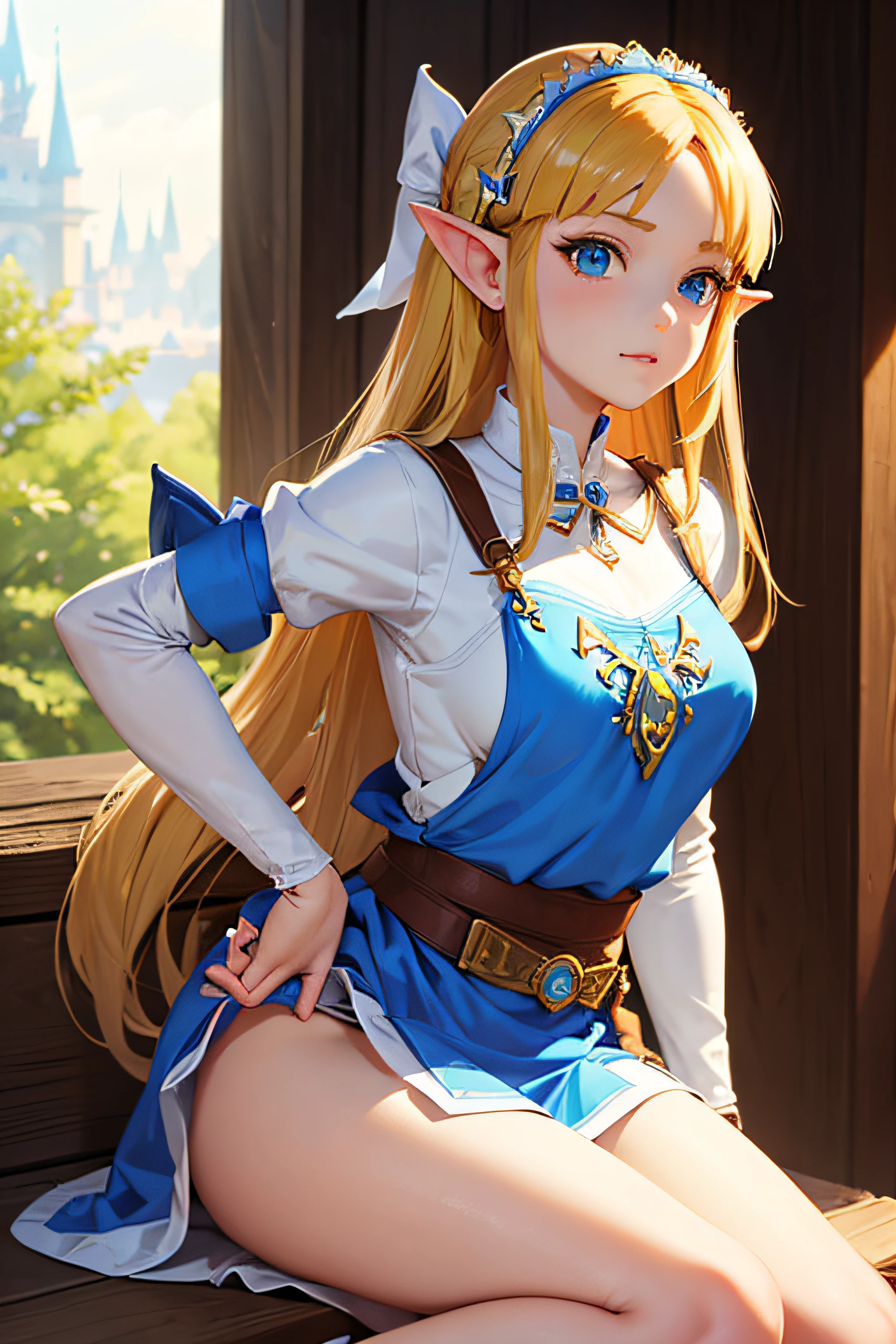 masterpiece, best_quality, 1girl, solo, princess zelda, the legend of zelda, nintendo, sksw, hair ribbon, maid, castle