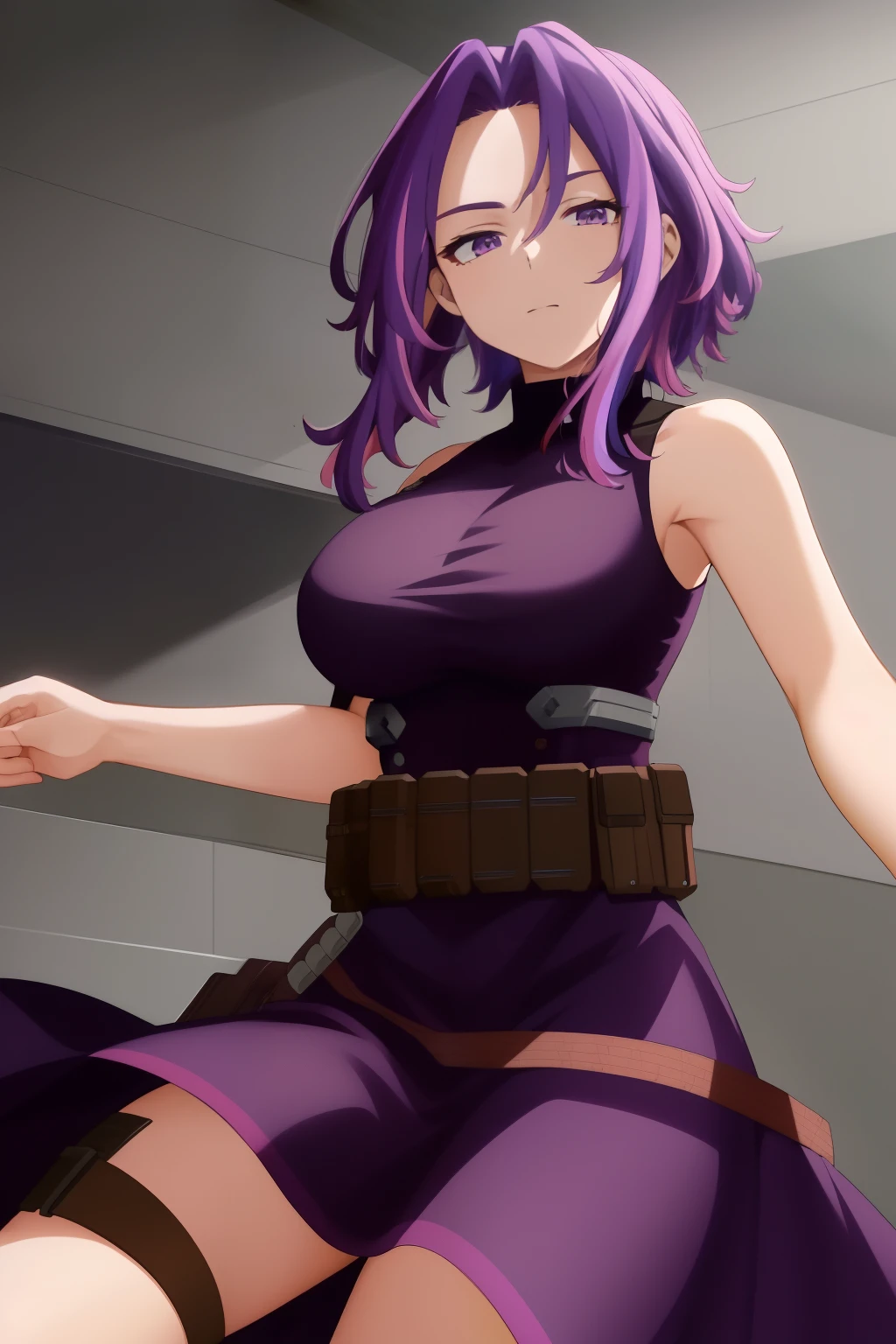 scan, (extremely detailed CG unity 8k wallpaper:1.1), highres, (1girl), lady nagant, boku no hero academia, (purple hair), (multicolored hair), (purple eyes), black dress, sleeveless, breasts, belt