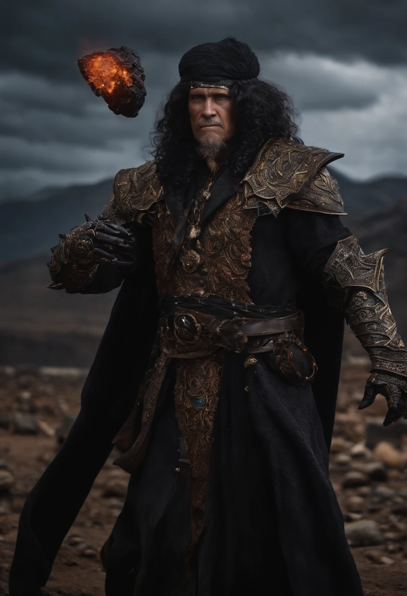 Wizard Draconid Human with Corrupted Black Stone Crusts on His Right Arm, com rosto humano e pele de cor humana