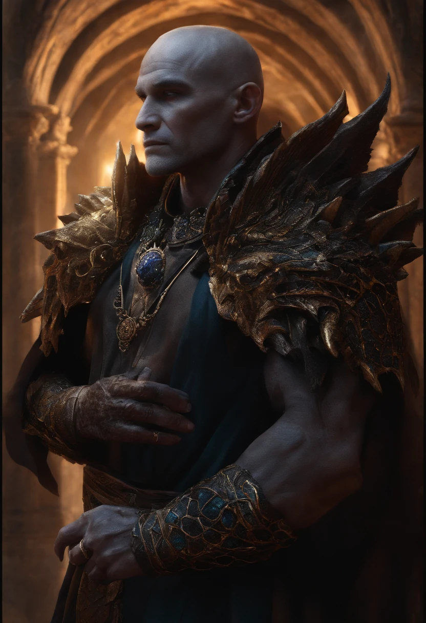 Wizard Draconid Human with Corrupted Black Stone Crusts on His Right Arm, com rosto humano e pele de cor humana