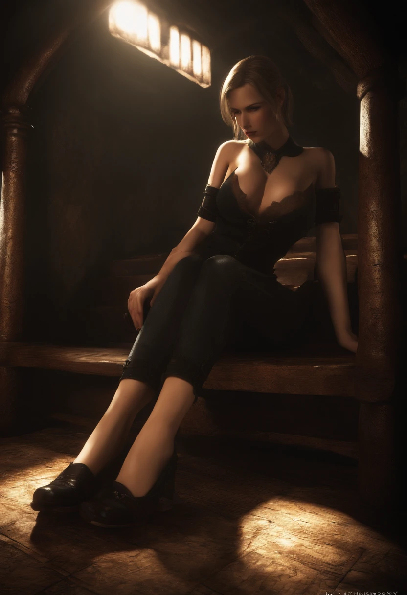 Very high resolution, Ashely do jogo Resident Evil 4, Showing the soles of your feet in a sensual way, with breasts on display, In a dark setting but focusing mainly on Ashley