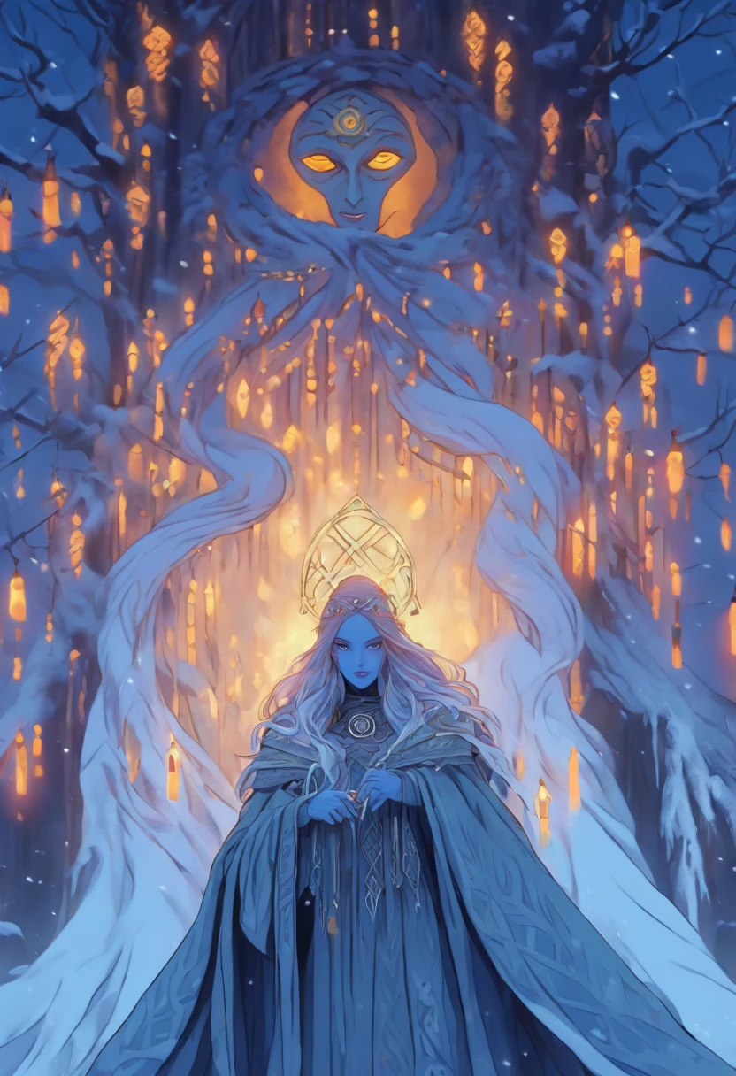 (((CAILLEACH))) best quality, ultra-high resolution, 4K detailed CG, master piece,Celtic goddess,cold ,Celtic clothing,Celtic mythology, ((Winter Goddess)) , Celtic image, aesthetic, screen-centered