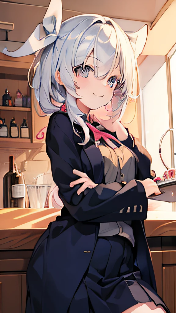 ((masutepiece)), ((Best Quality)), (Ultra-detailed), Anime style, a bar counter, Cut girl s, 1girl in, Solo, Suit 00, ((Beautiful eyes))0, Smile