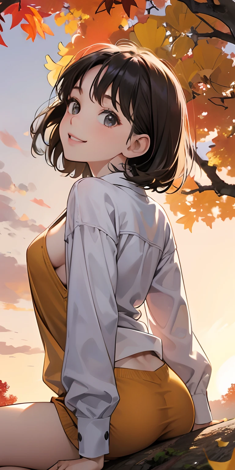 realisticlying、( female child)、Outdoor Fashion、Emphasis on the rear-facing buttocks、Dynamic close-up looking up from under a ginkgo tree、Beautiful autumn leaves、Slightly larger breasts with an emphasis on cleavage、Versatile sexy poses、The sky turns red at sunset、Face smile