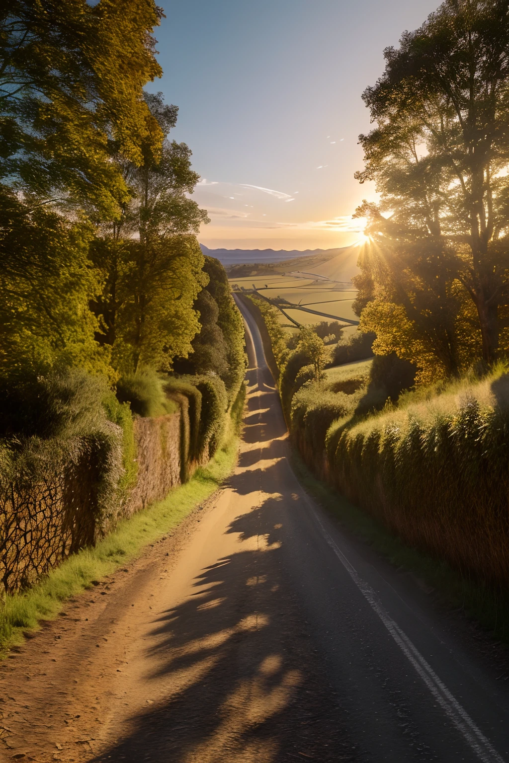 Highly detailed landscape, golden hour, sun shining on a long steep country lane, clear photography, photorealistic, soft pastel colours, highly detailed, intricate, path tracing, illustration, insanely detailed, shadow mapping volumetric light, specular lighting