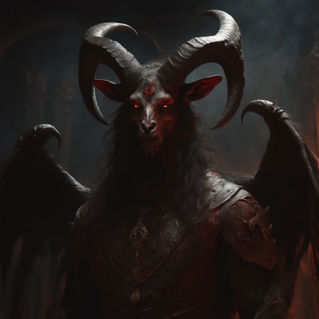 a goat-headed demon with large horns, strong and strong upper body, demon skins, skins, ((claws, wings)), demonic armor, blood splatters, skulls on the ground, standing in a blood ritual, medieval, dark room, dim light, masterpiece, realistic, oil painting
